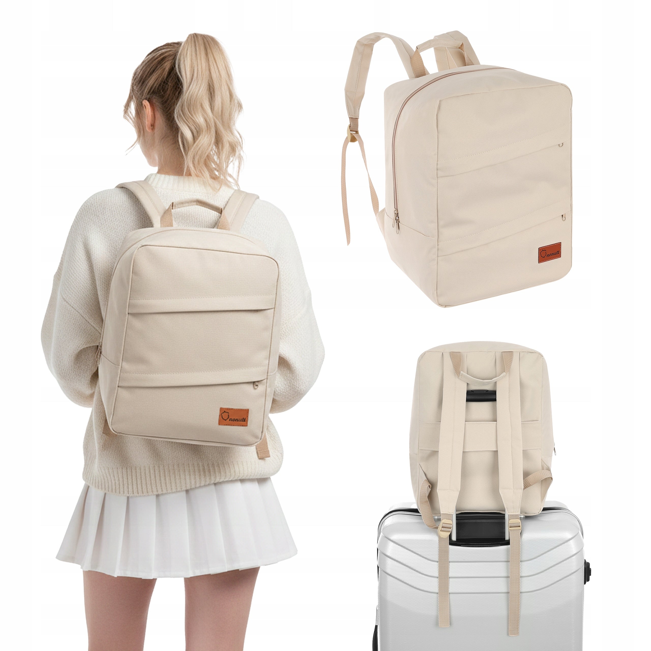 BACKPACK 40x30x20cm HAND LUGGAGE WIZZAIR RYANAIR BEIGE FOR AIRPLANE BEVELS