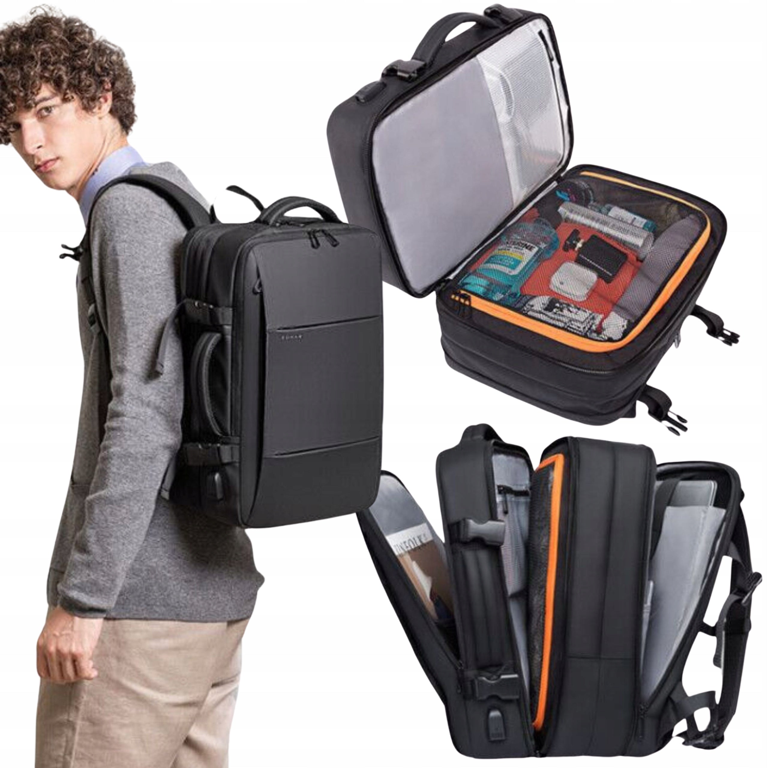 BACKPACK FOR AIRPLANE CABIN CARRY-ON LUGGAGE TRAVEL BAG ROOMY BLACK