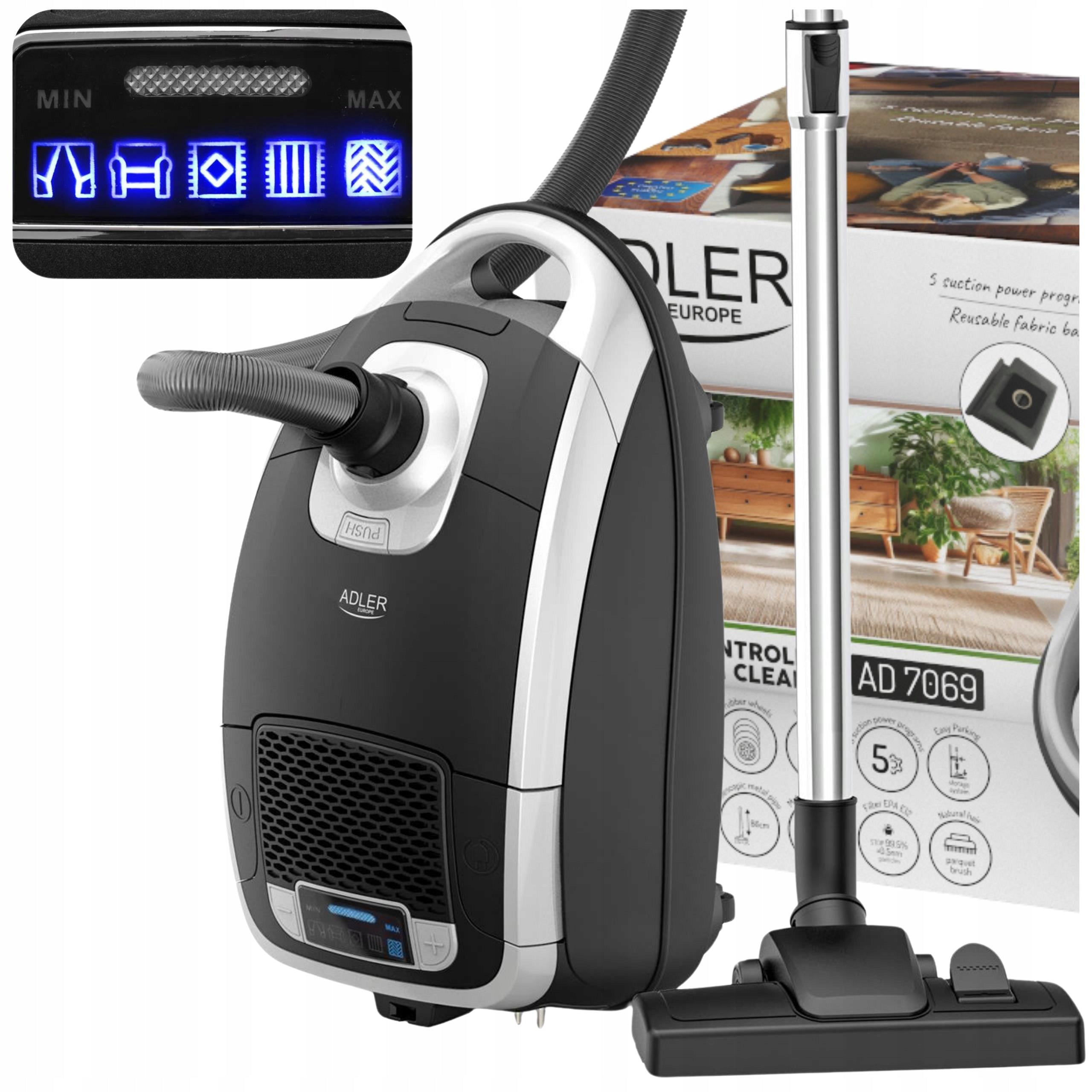 BAGGED VACUUM CLEANER QUIET 18 kPa 3200W EPA 5 PROGRAMS RUBBER WHEELS PARQUET