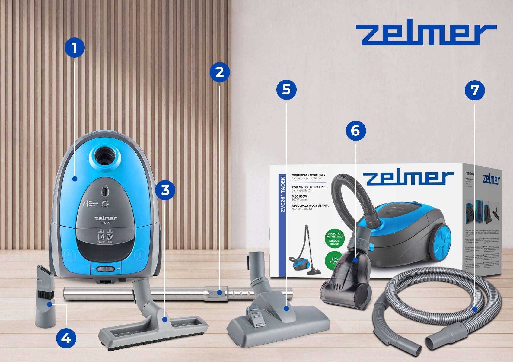 BAGGED VACUUM CLEANER ZELMER TADEK TRADITIONAL WITH TURBO BRUSH FILTER ECO 800W Manufacturer code 81605775P