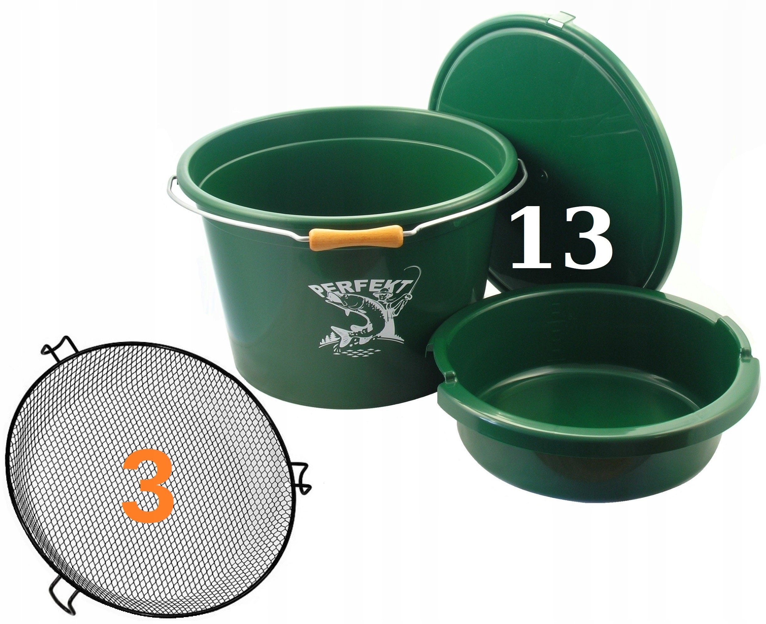 BAIT BUCKET WITH MEASURING CUP PERFEKT 13L + BOWL 4L + LID + SIEVE 3