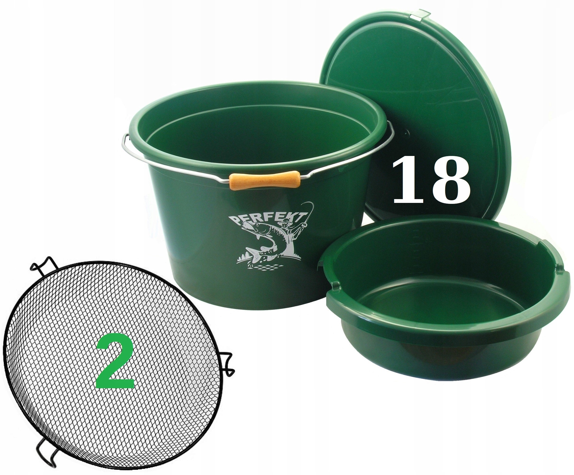 BAIT BUCKET WITH MEASURING CUP PERFEKT 18 L + BOWL 5L + LID + SIEVE 2