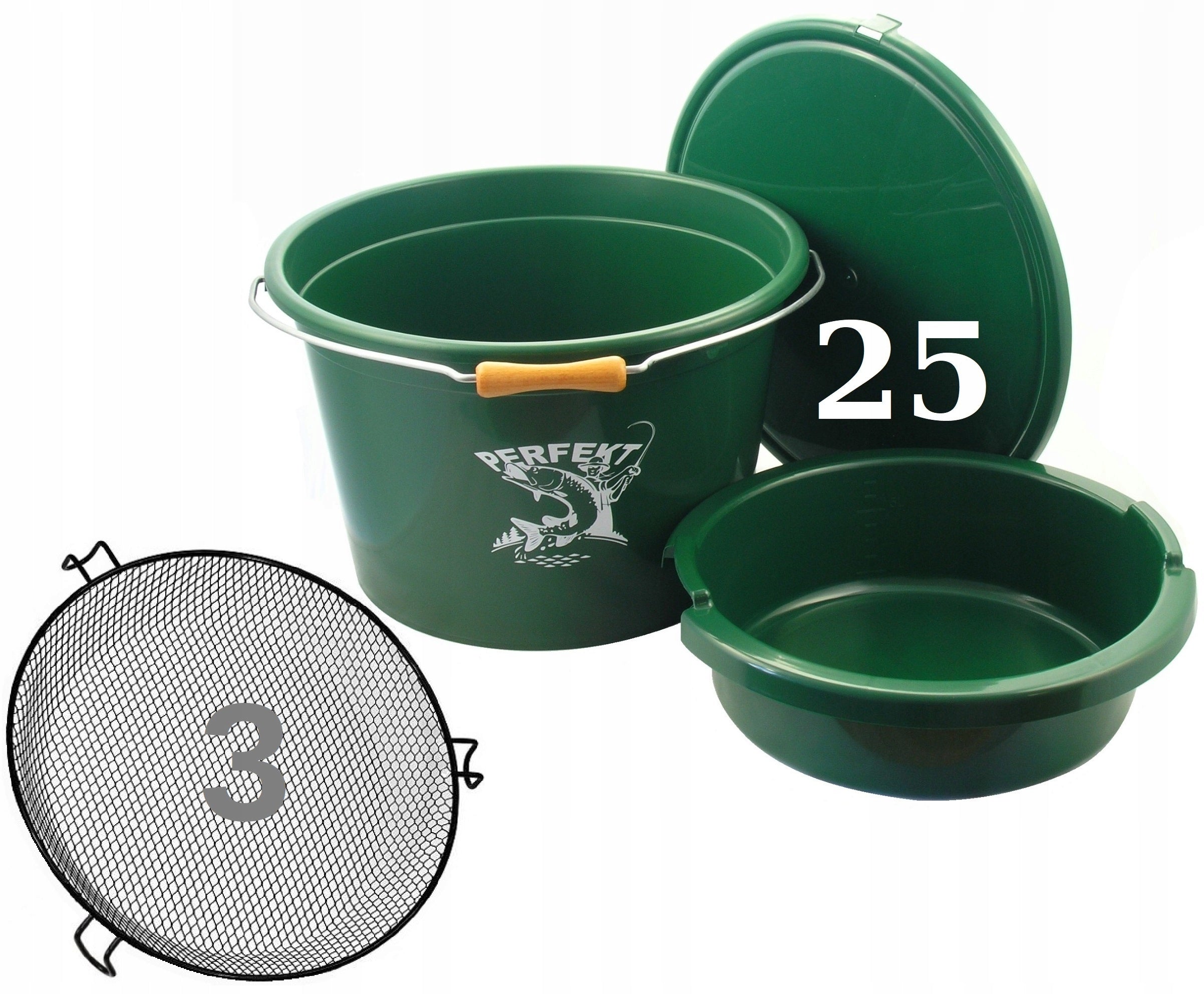 BAIT BUCKET WITH MEASURING CUP PERFEKT 25L + BOWL 8L + LID + SIEVE 3