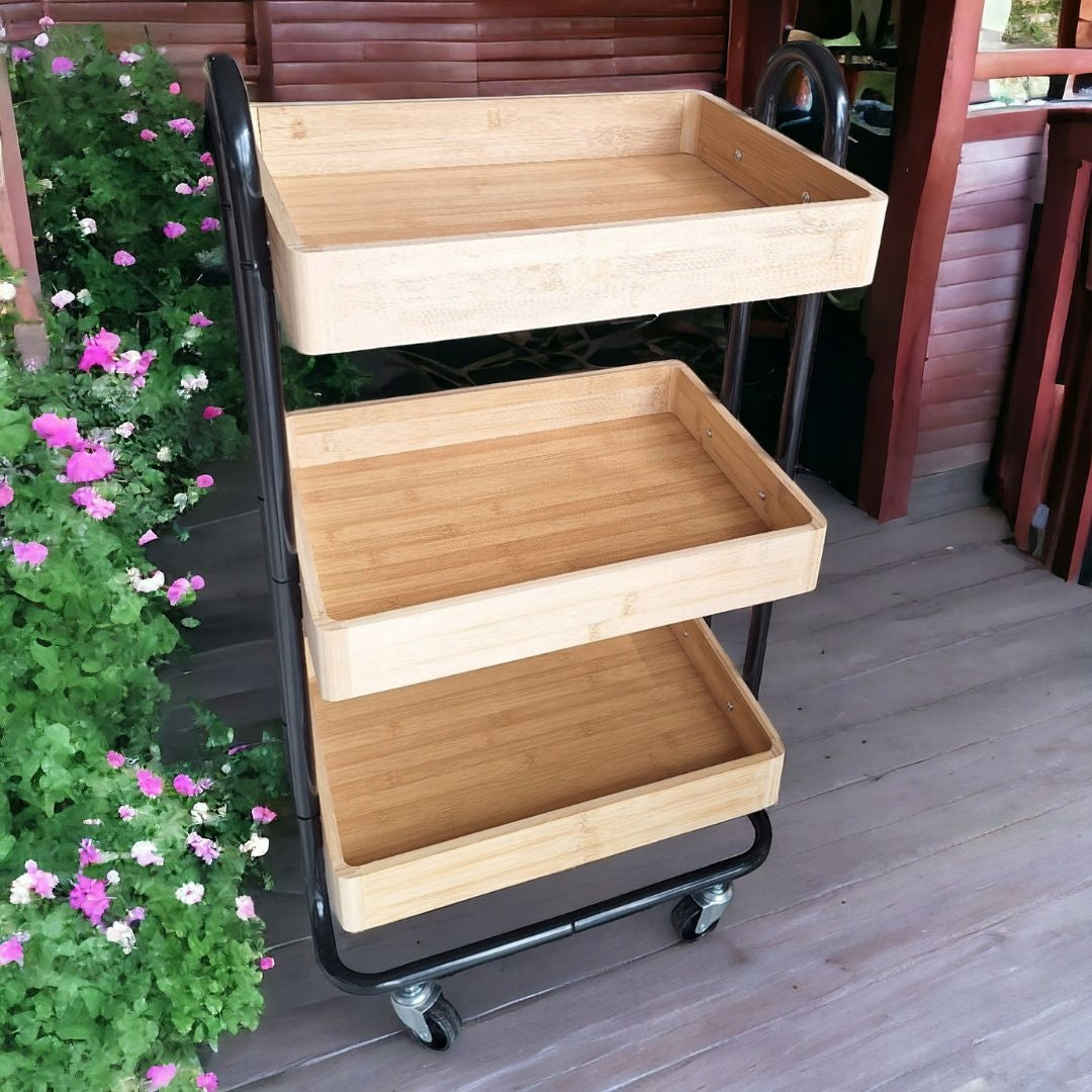 BAMBOO BATHROOM SHELVING UNIT ON WHEELS KITCHEN TROLLEY 3 SHELVES Packaging status original