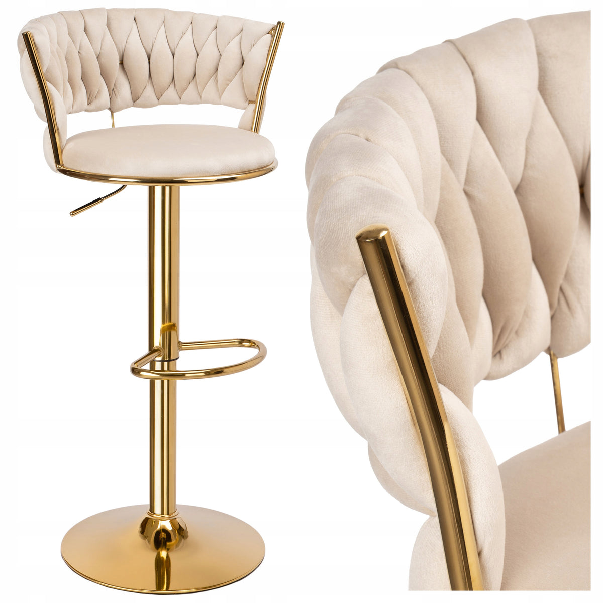 BAR STOOL VELOUR CHAIR FOR DINING ROOM ISLAND BEIGE GOLD LEG