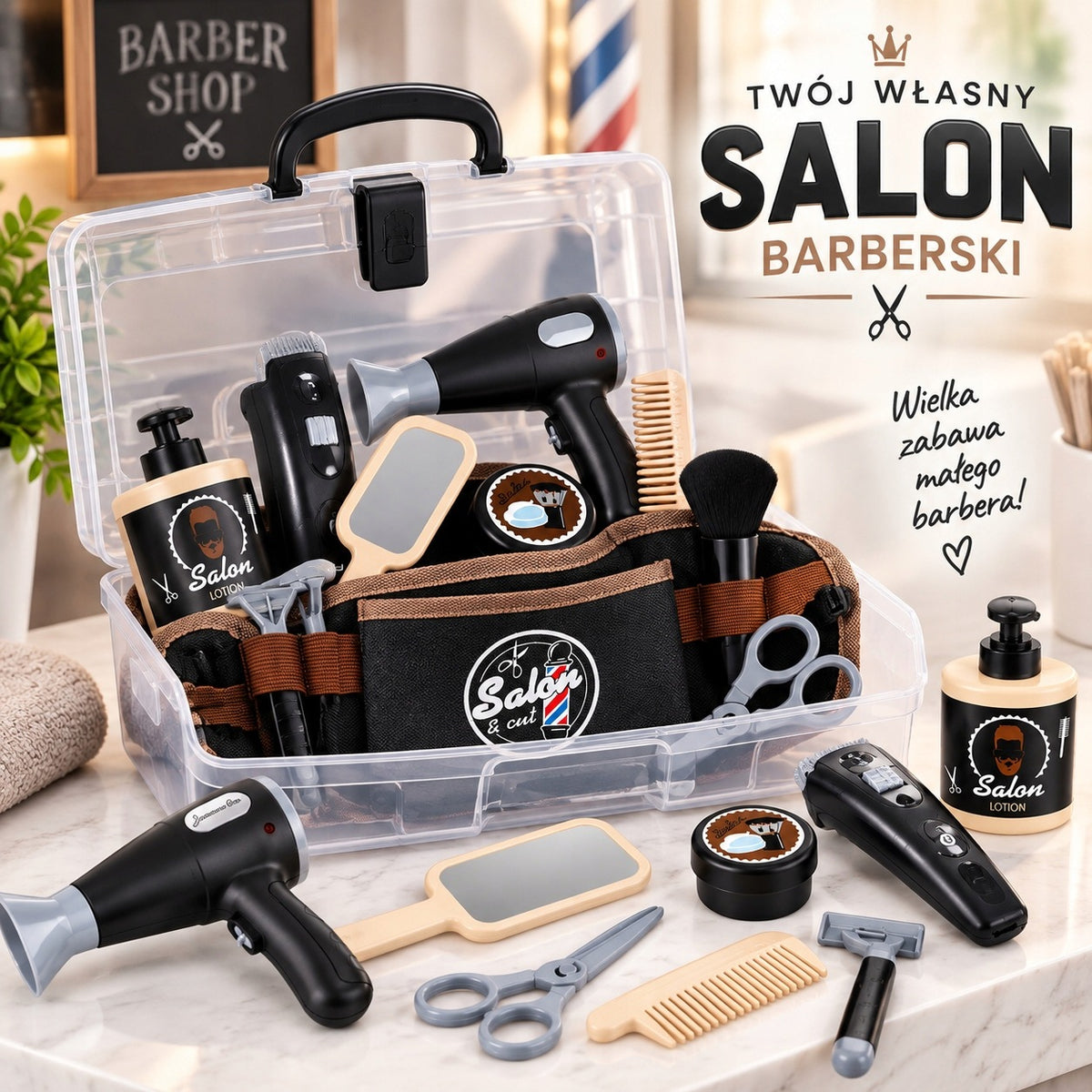 BARBER Hairdresser for Kids Set Small Barber Belt Machine Dryer 10in1 Manufacturer code Zestaw Fryzjerski Barbera Pas Akcesoria XXL