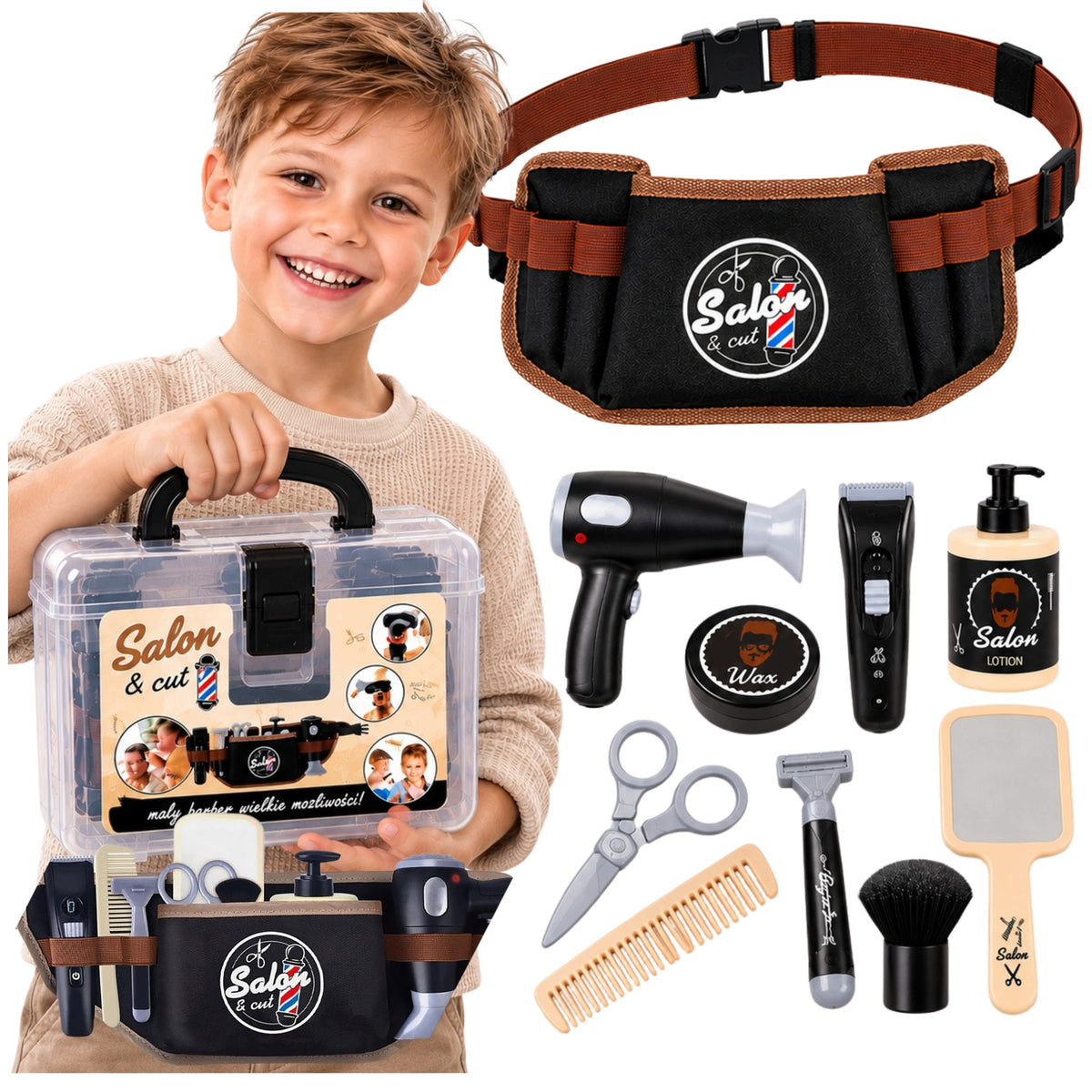 BARBER Hairdresser for Kids Set Small Barber Belt Machine Dryer 10in1