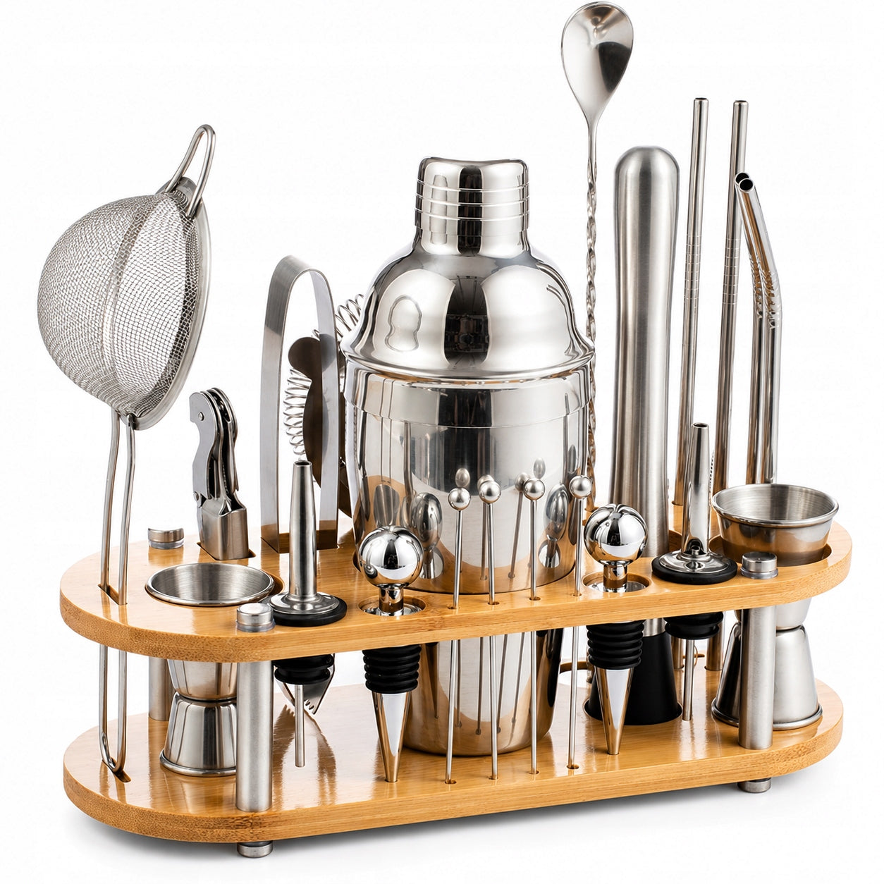 BARTENDING SET FOR COCKTAIL DRINKS 22 ELEMENTS STAINLESS STEEL BAMBOO