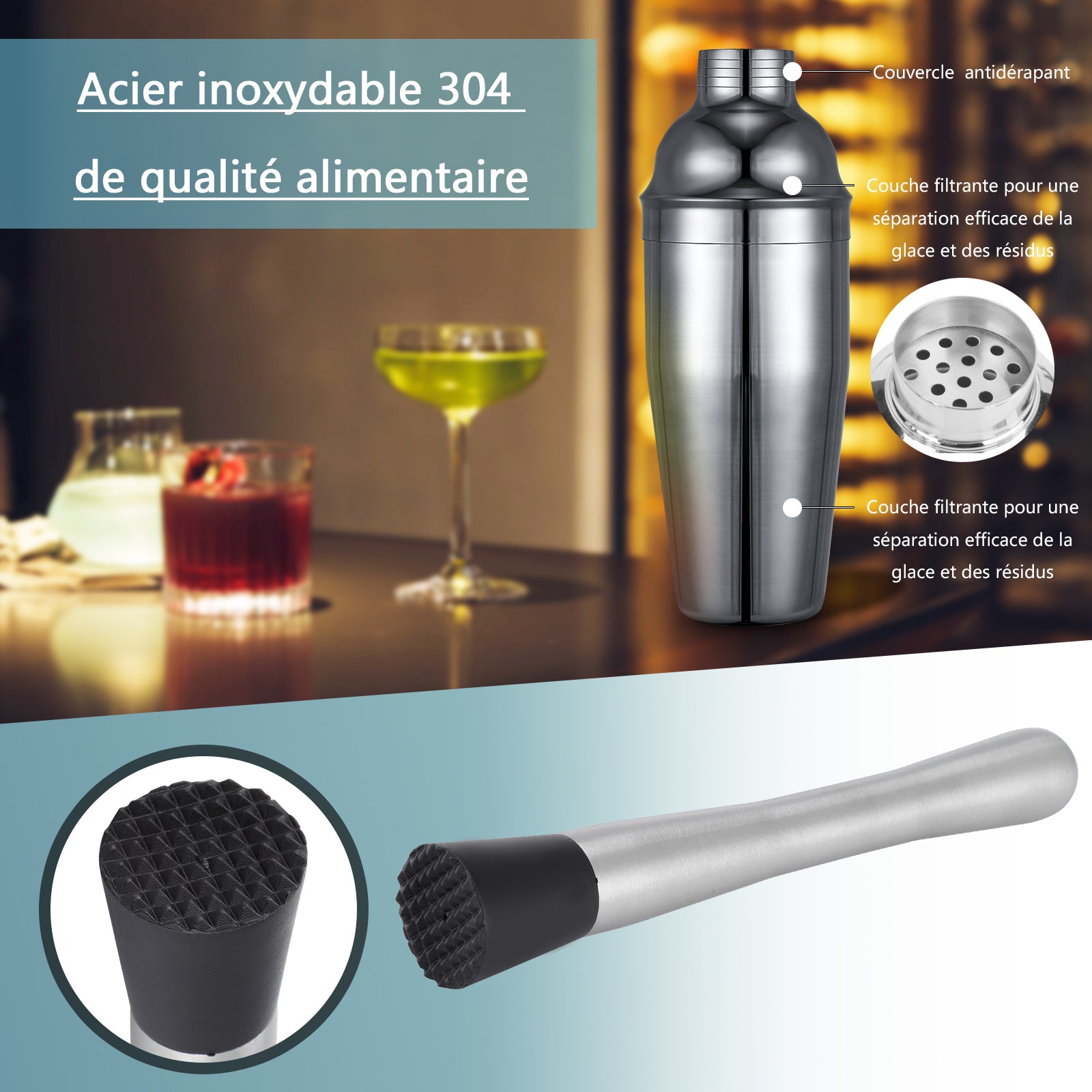 BARTENDING SET PROFESSIONAL 20EL FOR COCKTAIL DRINKS SHAKER 750ML + STAND Manufacturer code HSM-CKT007