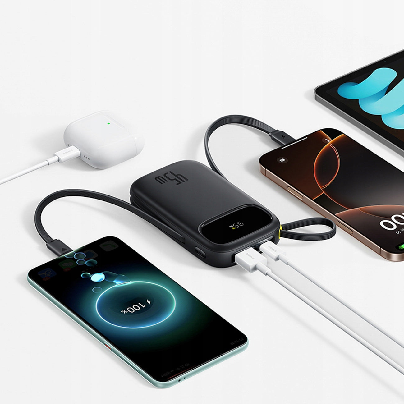 BASEUS FAST POWER BANK 20000MAH 45W BUILT-IN USB-C CABLES FOR 4 DEVICES Packaging status original