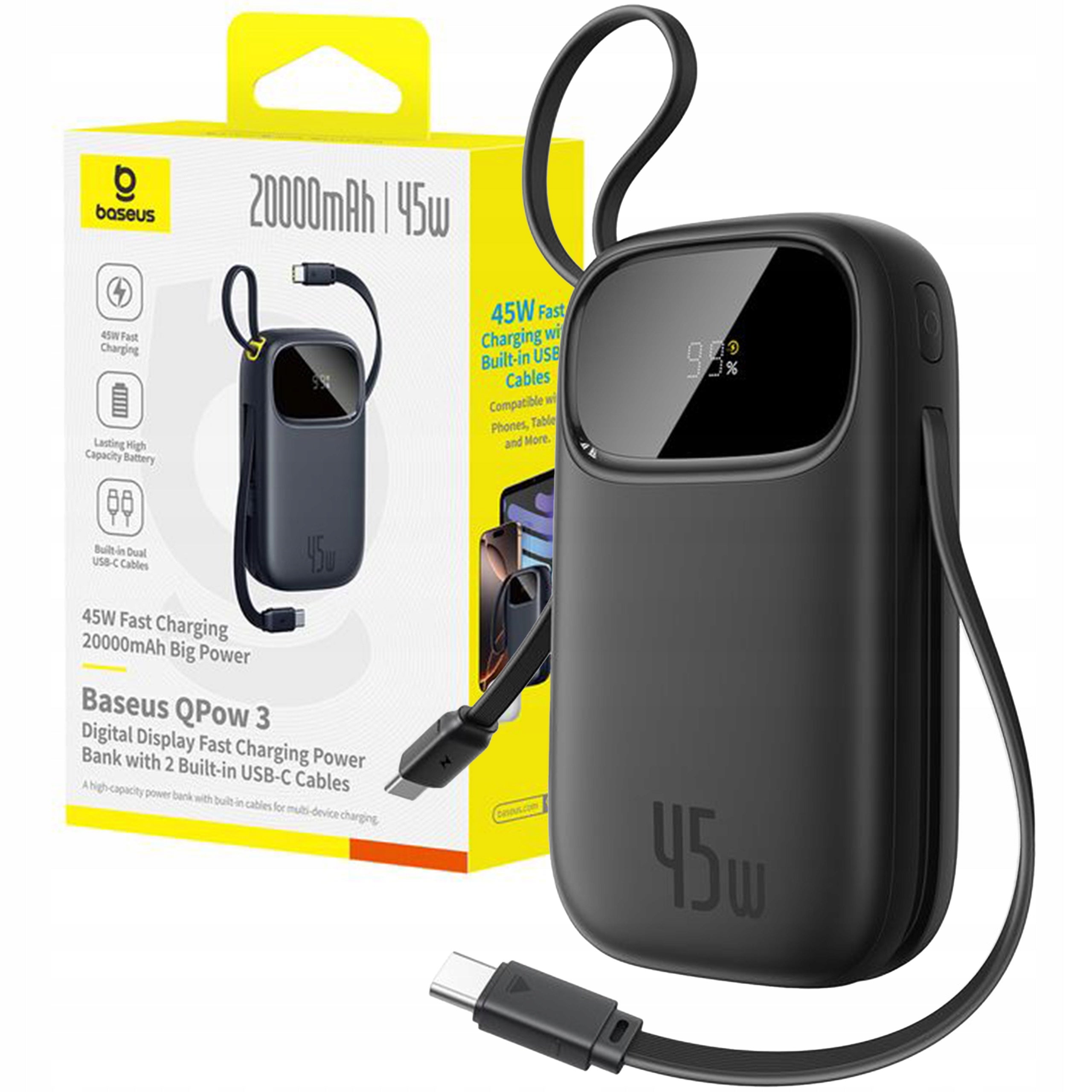 BASEUS FAST POWER BANK 20000MAH 45W BUILT-IN USB-C CABLES FOR 4 DEVICES