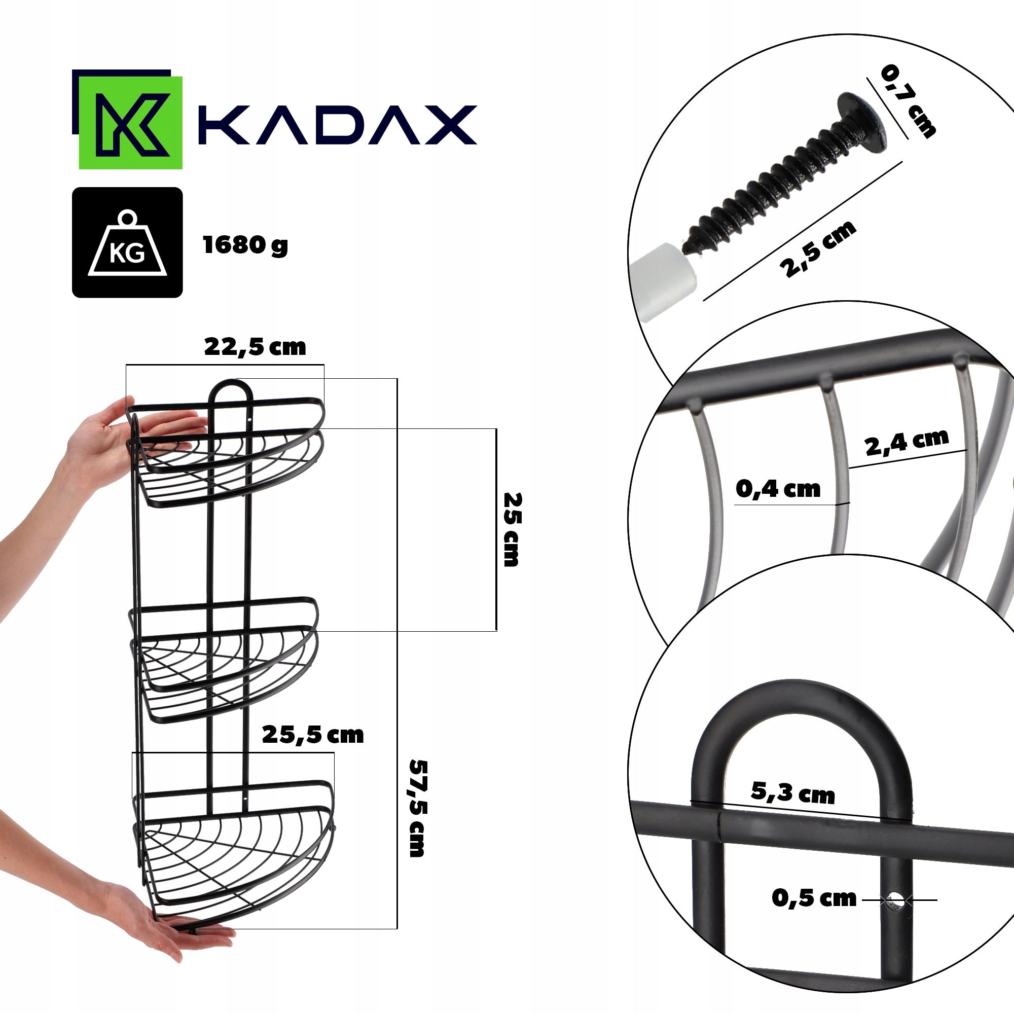 BATHROOM CORNER SHOWER SHELF HANGING 3 SHELVES BLACK STEEL LOFT Brand Kadax