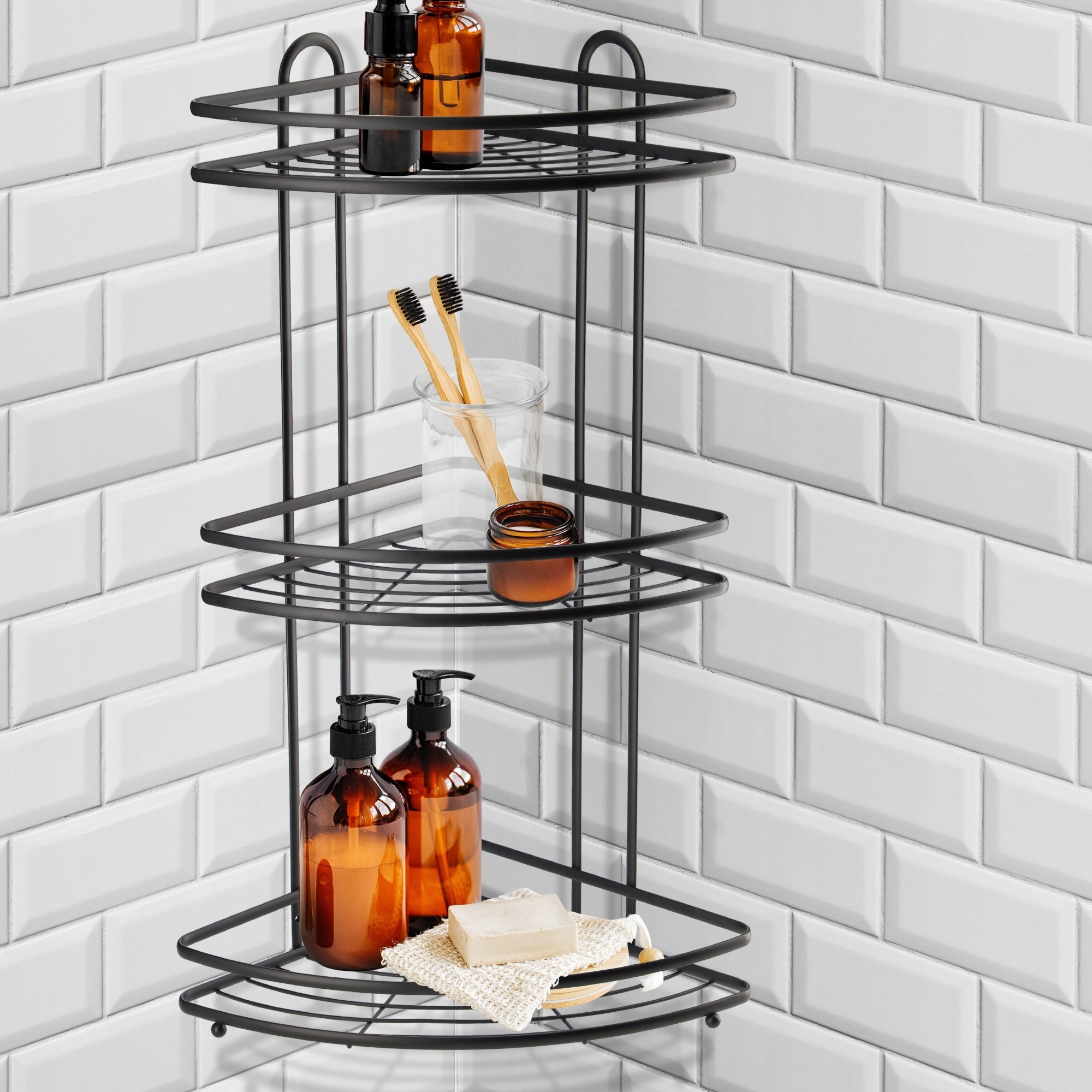 BATHROOM CORNER SHOWER SHELF HANGING 3 SHELVES BLACK STEEL LOFT Packaging status original