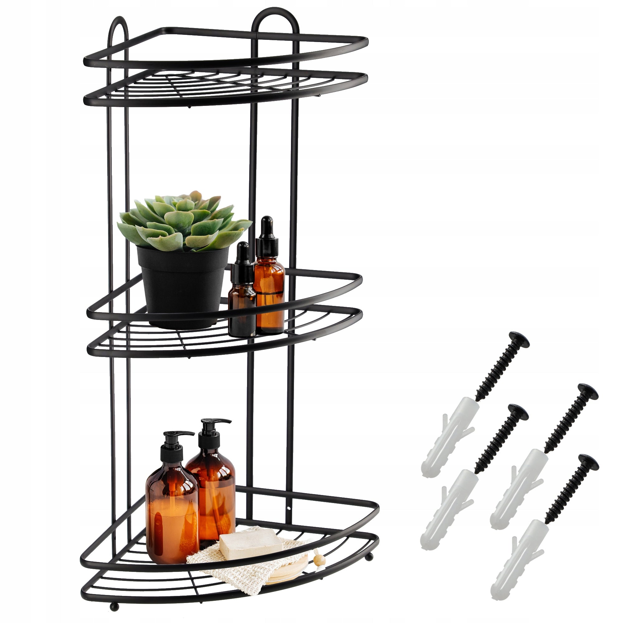 BATHROOM CORNER SHOWER SHELF HANGING 3 SHELVES BLACK STEEL LOFT