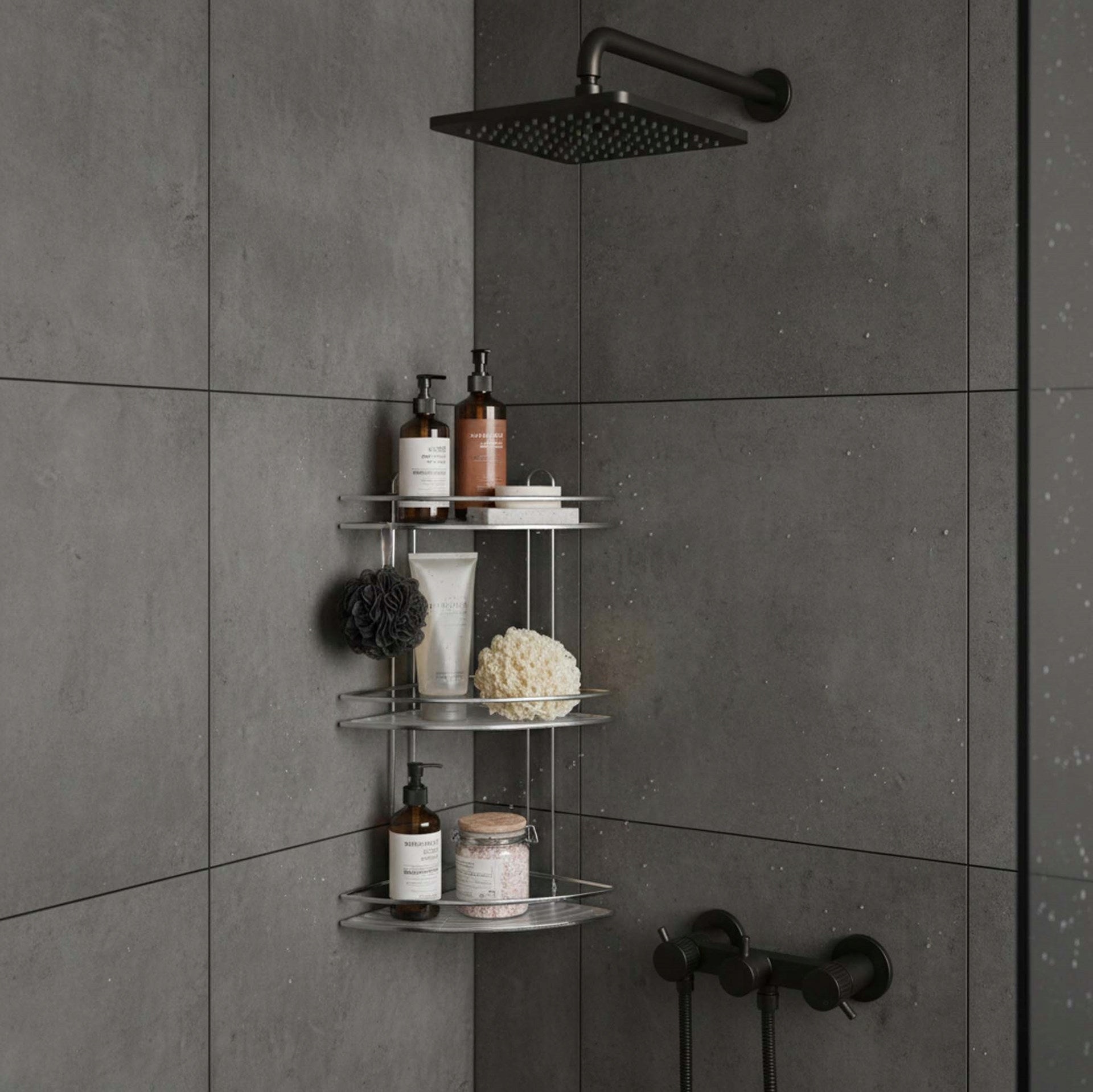 BATHROOM CORNER SHOWER SHELF HANGING 3 SHELVES WALL MOUNTED BOOKCASE CHROME Packaging status original