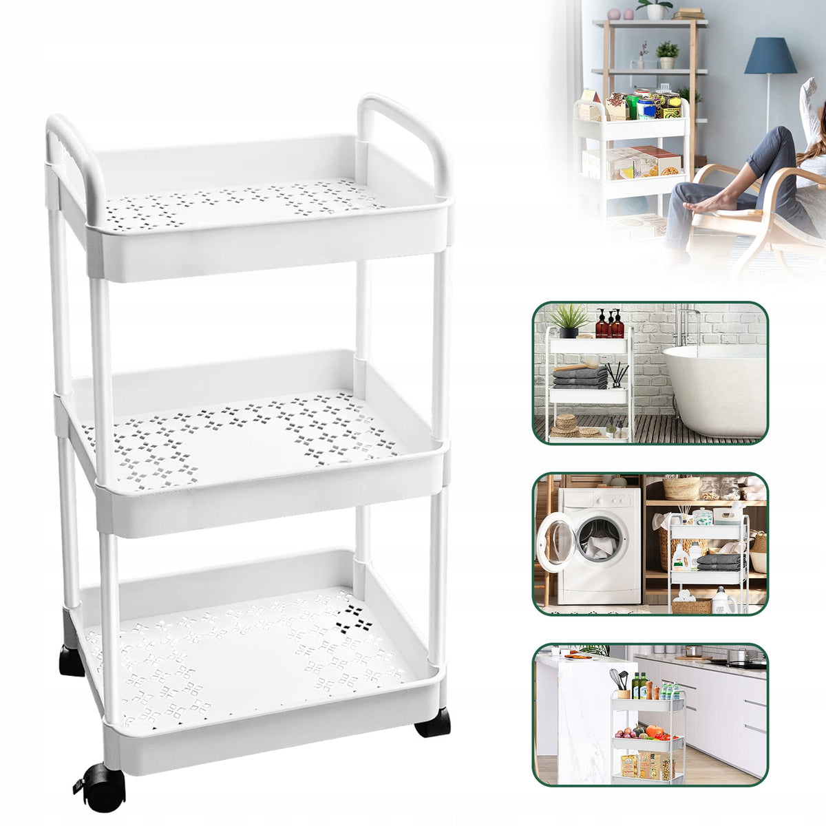 BATHROOM KITCHEN SHELF 3 SHELVES BOOKCASE MOBILE TROLLEY CABINET ON WHEELS