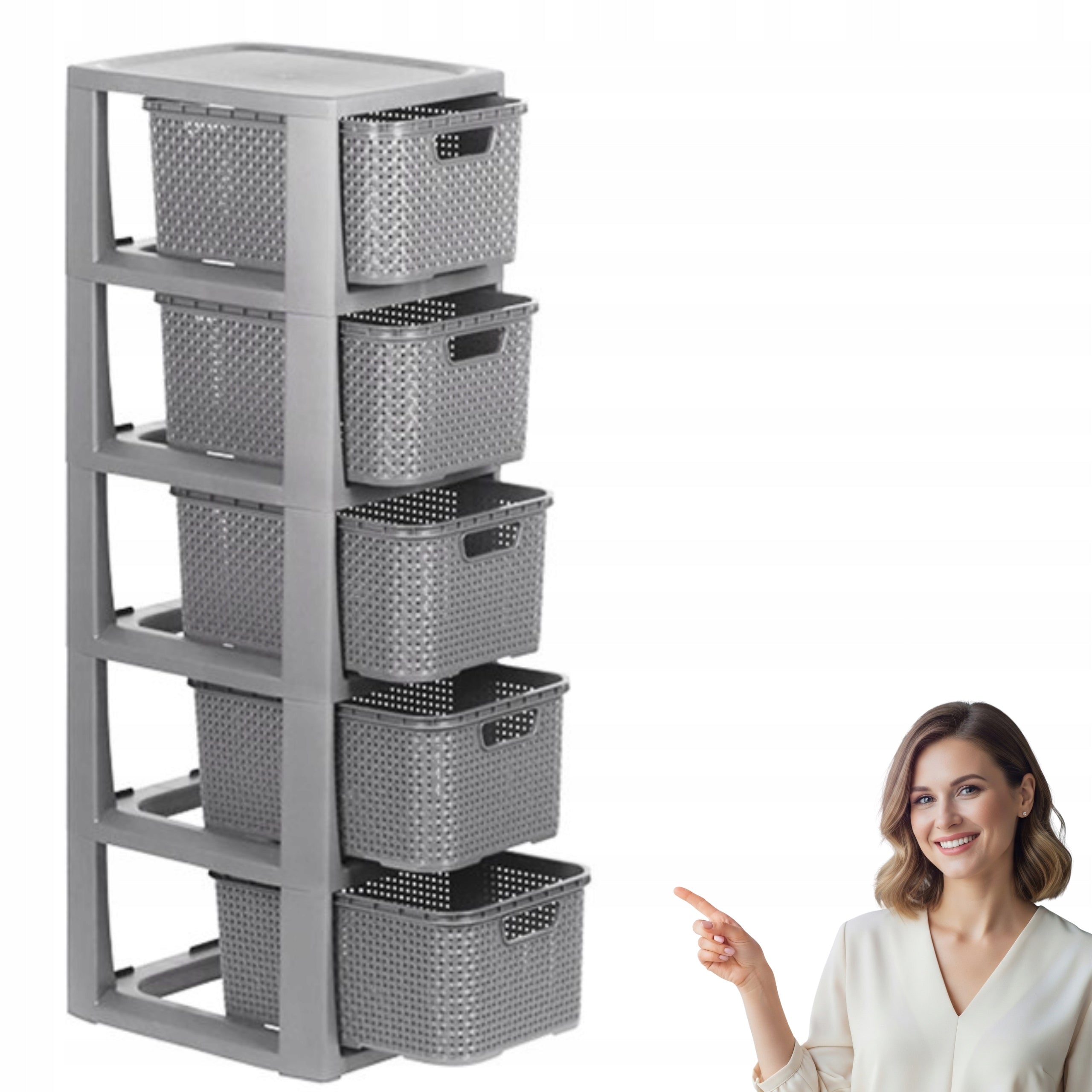 BATHROOM RACK GREY CABINET 5 SHELVES BATHROOM CHEST OF DRAWERS RATTAN LARGE 80CM