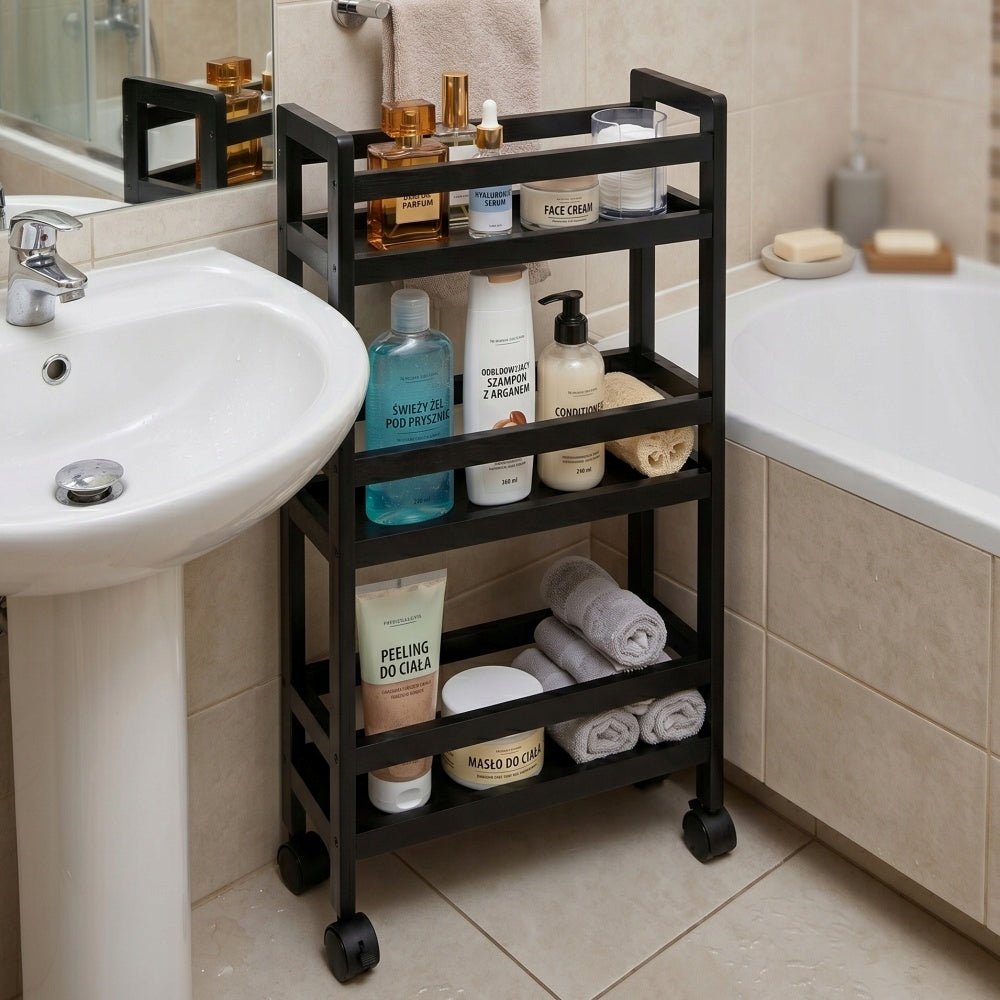 BATHROOM RACK KITCHEN SHELF CABINET ON WHEELS BAMBOO NARROW BLACK Packaging status original