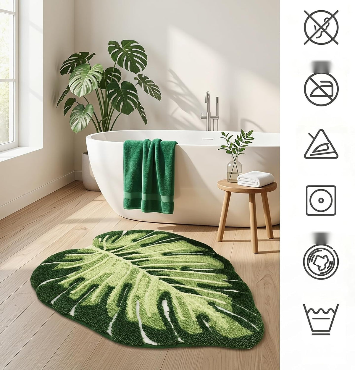 BATHROOM RUG 60X90CM COLORFUL LEAVES GREEN ANTI-SLIP MAT Product width 60 cm