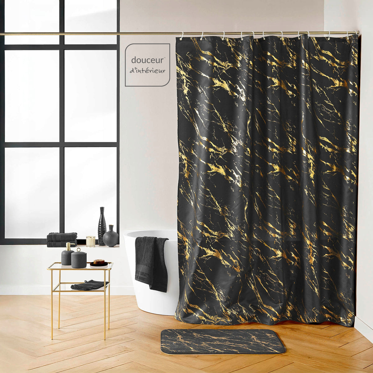 BATHROOM RUG WITH CUTOUT FOR WCMETALIZED GOLD MARBLE AQUAMARBRE Manufacturer code AQUAMARBRE NOIR/OR