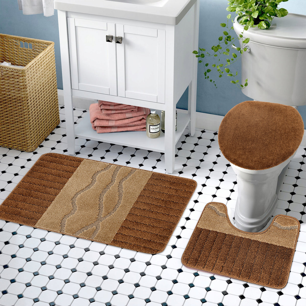 BATHROOM RUGS SET OF 3 PCS 50X80 NON-SLIP LARGE BROWN BEIGE 3D Manufacturer code Dywanik łazienkowy Antypoślizgowy komplet 3