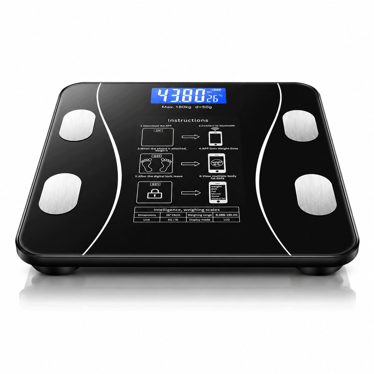 BATHROOM SCALE ELECTRONIC ANALYTICAL 8in1 180KG GLASS BLACK LCD BT Packaging status original