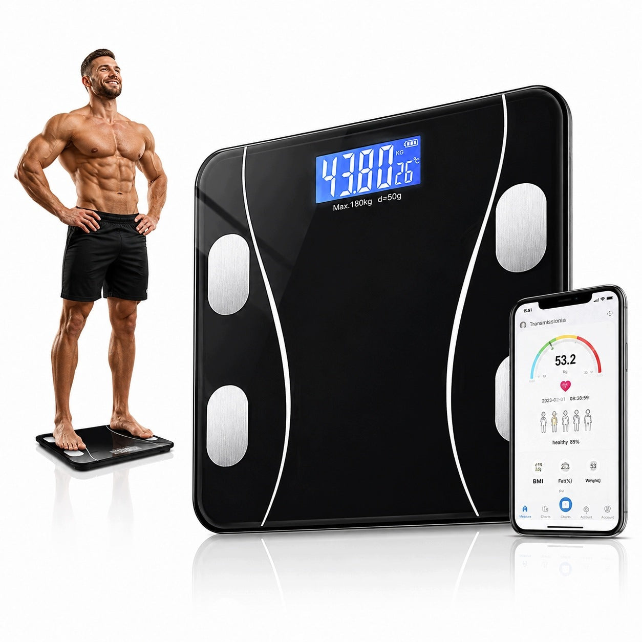 BATHROOM SCALE ELECTRONIC ANALYTICAL 8in1 180KG GLASS BLACK LCD BT