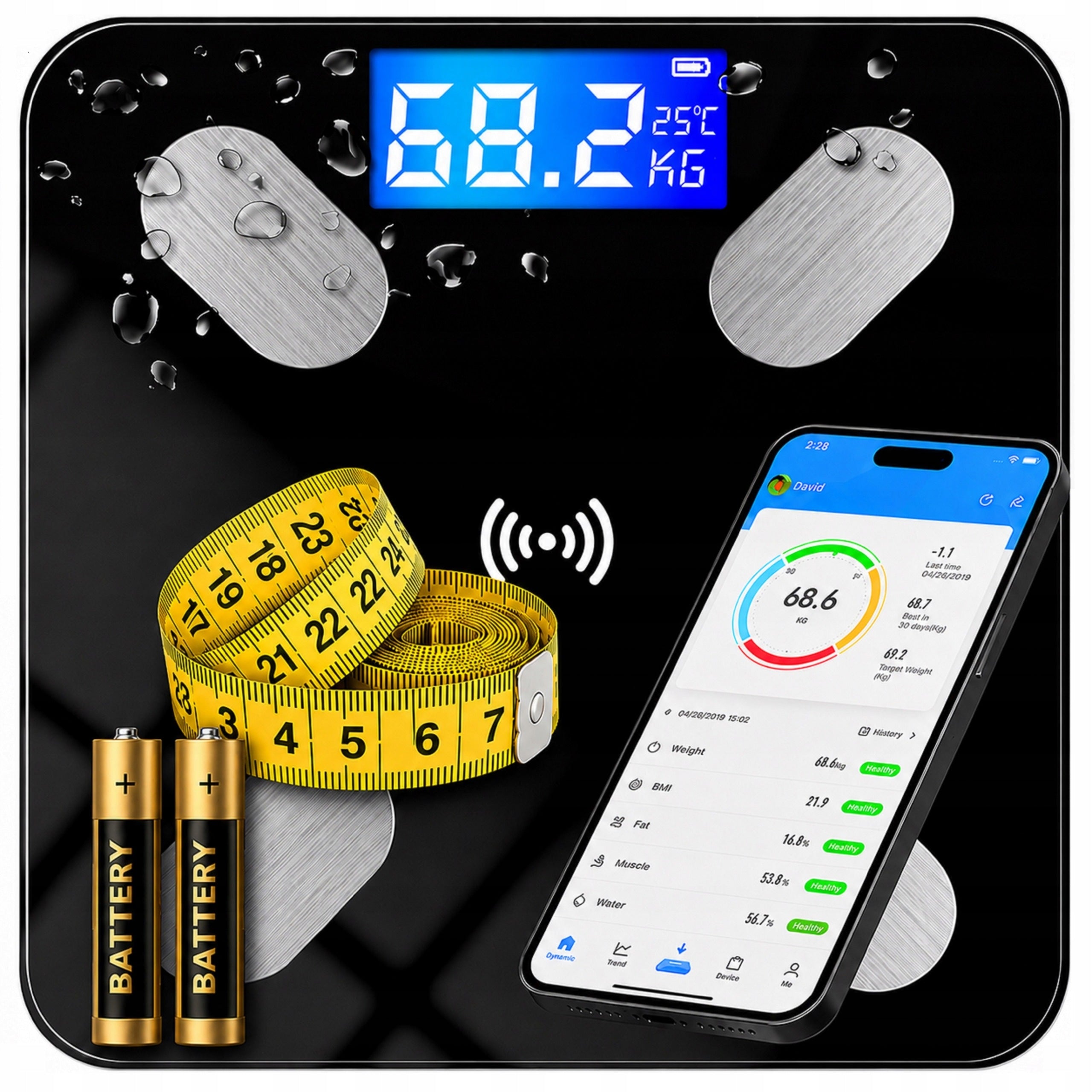 BATHROOM SCALE ELECTRONIC ANALYTICAL APPLICATION + MEASURING CUP + BATTERIES