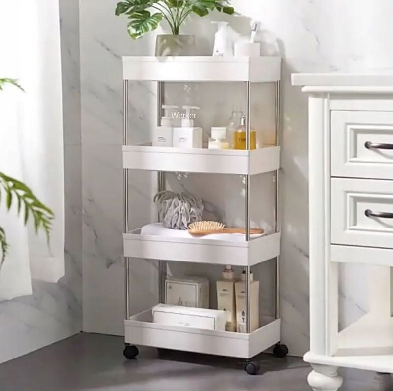 BATHROOM SHELF KITCHEN CABINET MOBILE BOOKCASE ON WHEELS 4 LEVELS WHITE Manufacturer code PÓŁKA NA KÓŁKACH KUCHENNA WĄSKA REGAŁ MENSEN