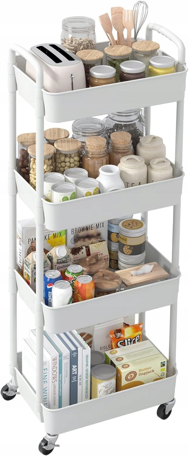 BATHROOM SHELF KITCHEN CABINET ON WHEELS BOOKCASE 4 LEVEL WHITE