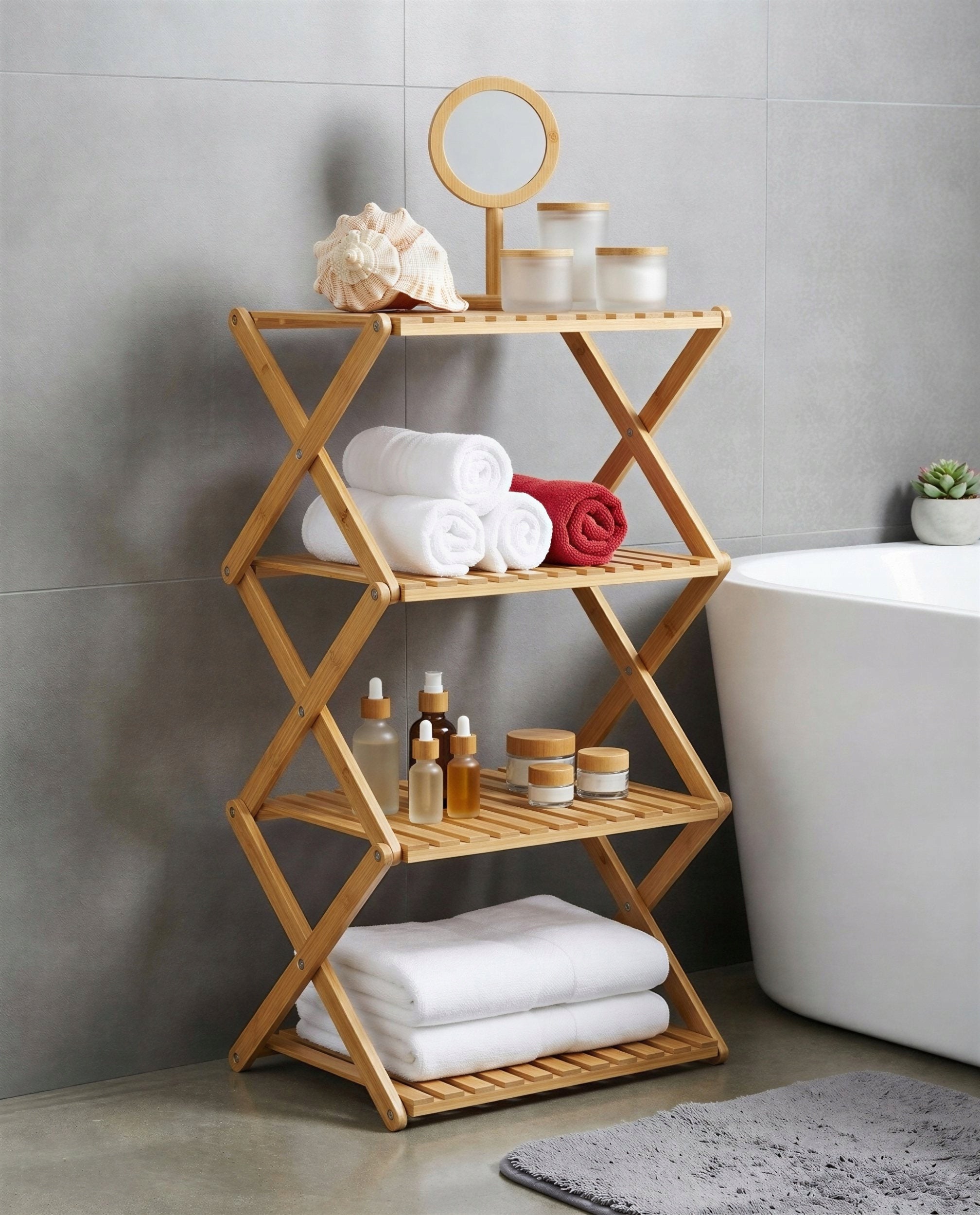 BATHROOM SHELF STANDING BAMBOO KITCHEN SHELVING UNIT FOR TOWELS FOLDING 94cm Packaging status original