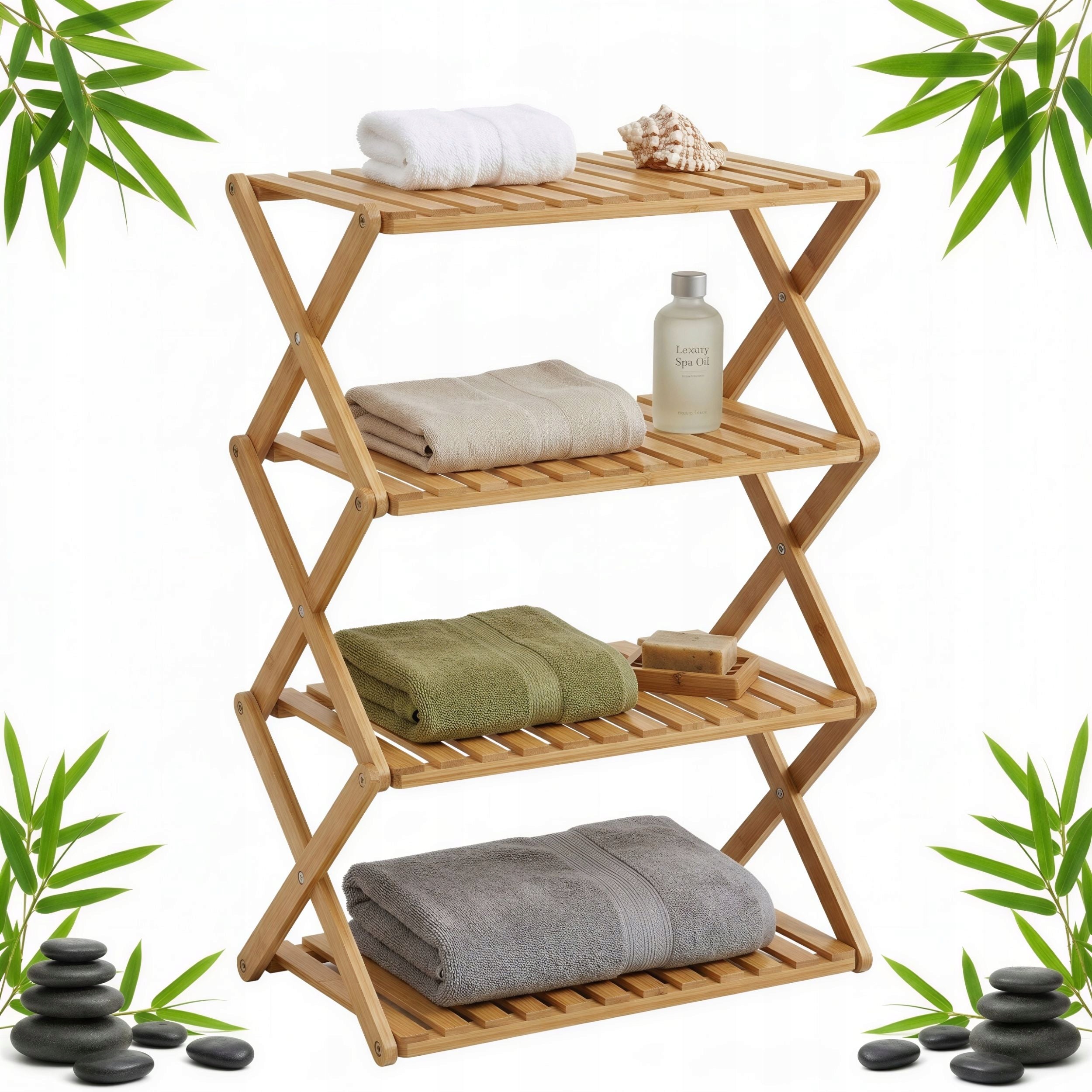 BATHROOM SHELF STANDING BAMBOO KITCHEN SHELVING UNIT FOR TOWELS FOLDING 94cm