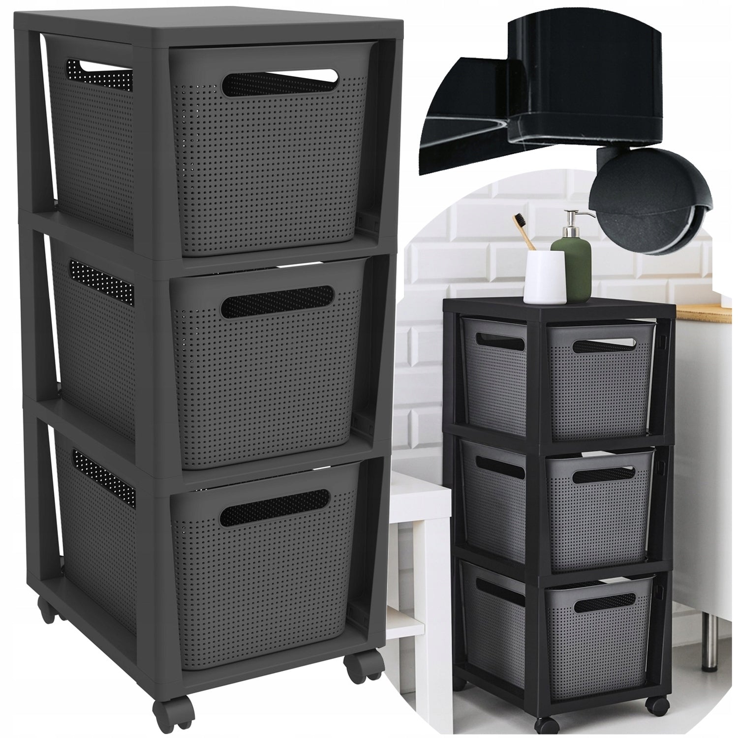 BATHROOM SHELVING UNIT CHEST OF DRAWERS ON WHEELS WITH 3 BASKETS 3x16L ROTHO ANTHRACITE