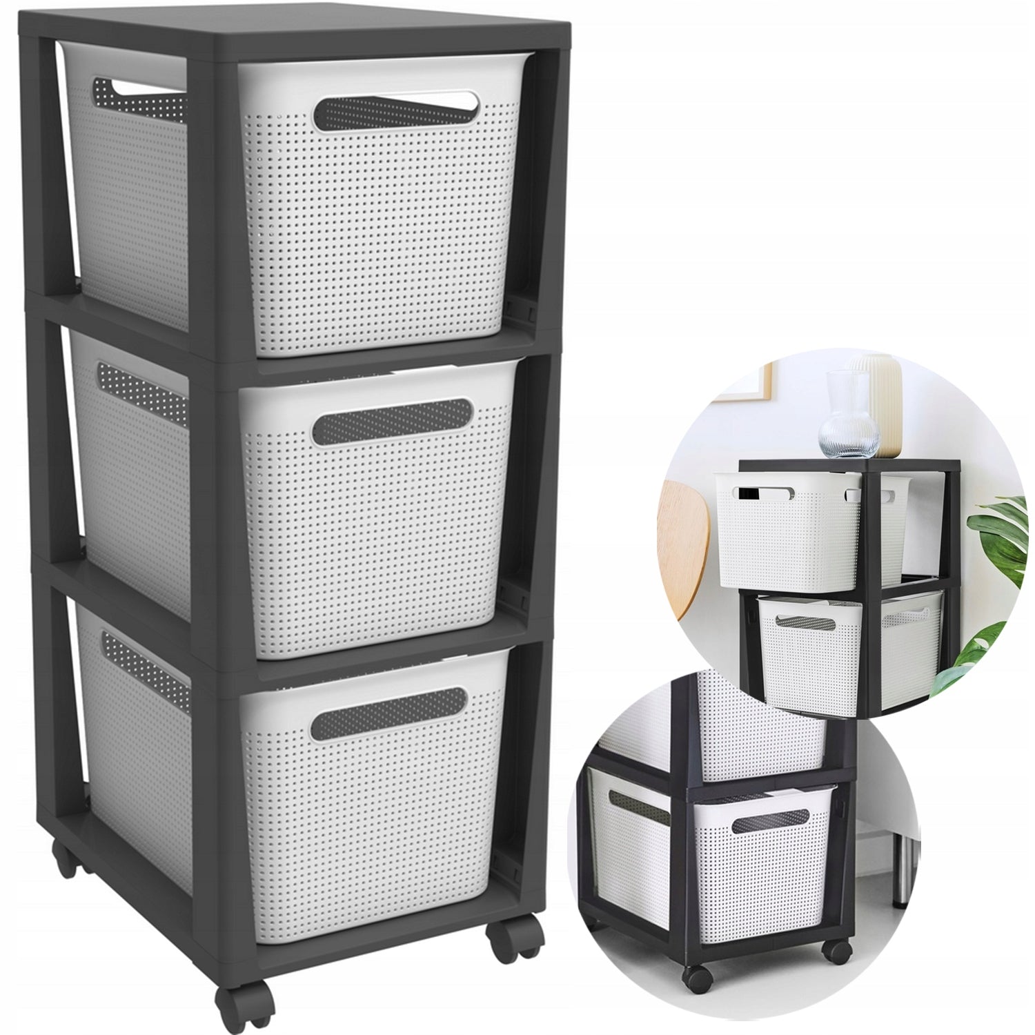 BATHROOM SHELVING UNIT CHEST OF DRAWERS WITH WHEELS WITH 3 BASKETS ROTHO ANTHRACITE WHITE 3x16L
