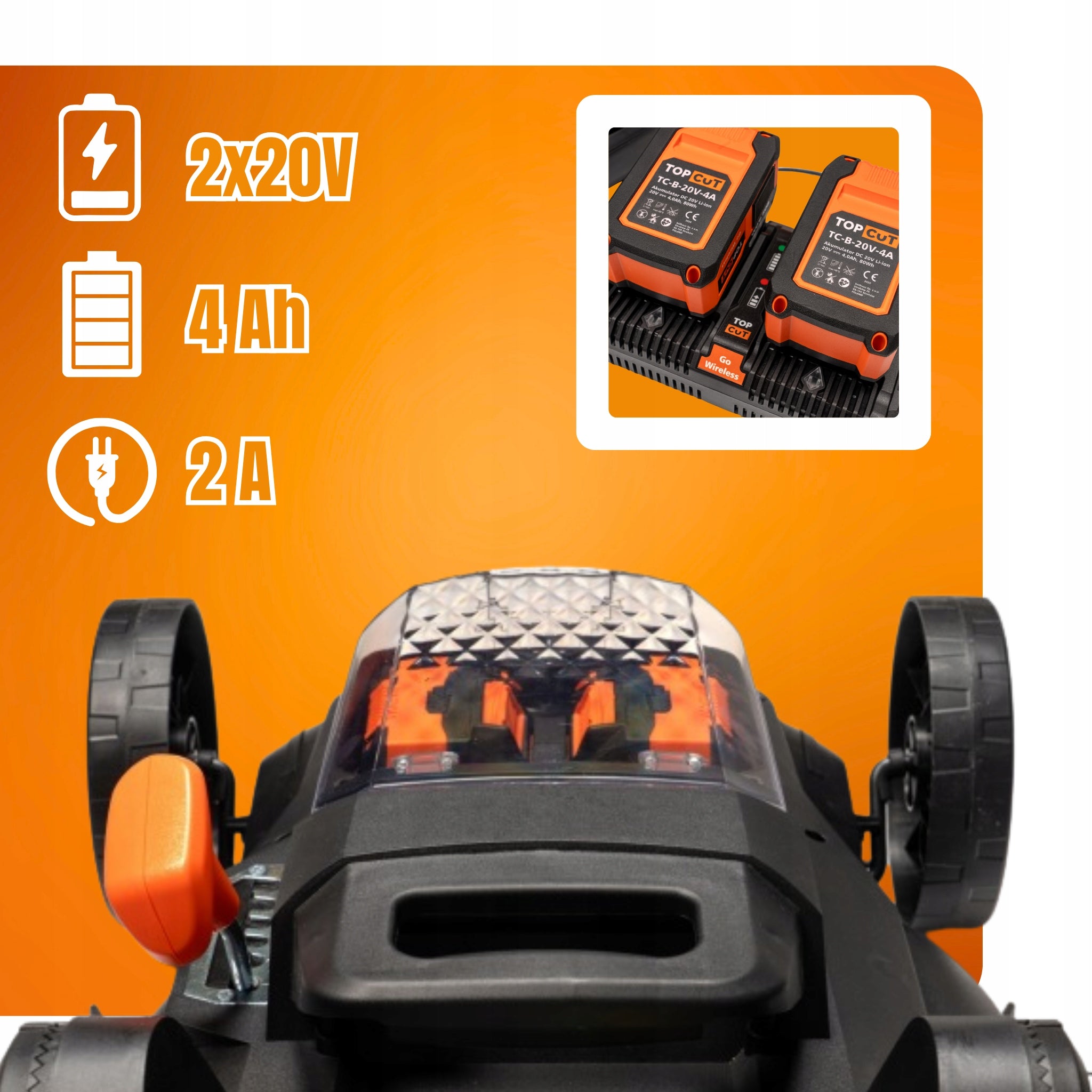 BATTERY MOWER 38CM 45L 40V INDUCTION MOTOR + CHARGER + 2X AKU Brand Top CUT