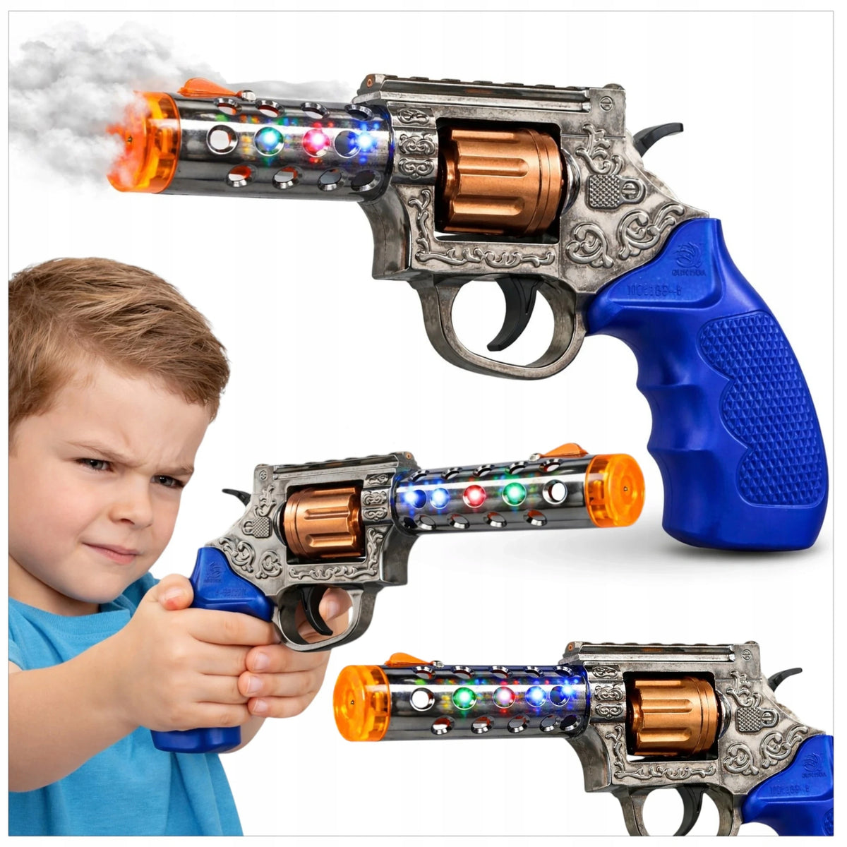 BATTERY OPERATED REVOLVER TOY GUN WITH STEAM EFFECT SOUND LED LIGHT Packaging status original