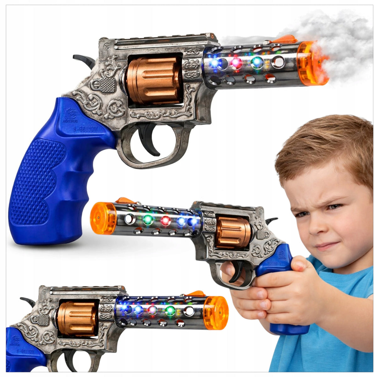 BATTERY OPERATED REVOLVER TOY GUN WITH STEAM EFFECT SOUND LED LIGHT