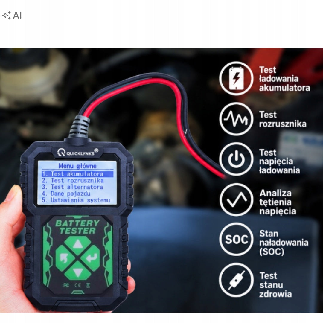 BATTERY TESTER 12V 220Ah POLISH MENU DIAGNOSTICS START-UP TEST Manufacturer code QUICKLYNKS BA107 TESTER AKUMULATORÓW PL