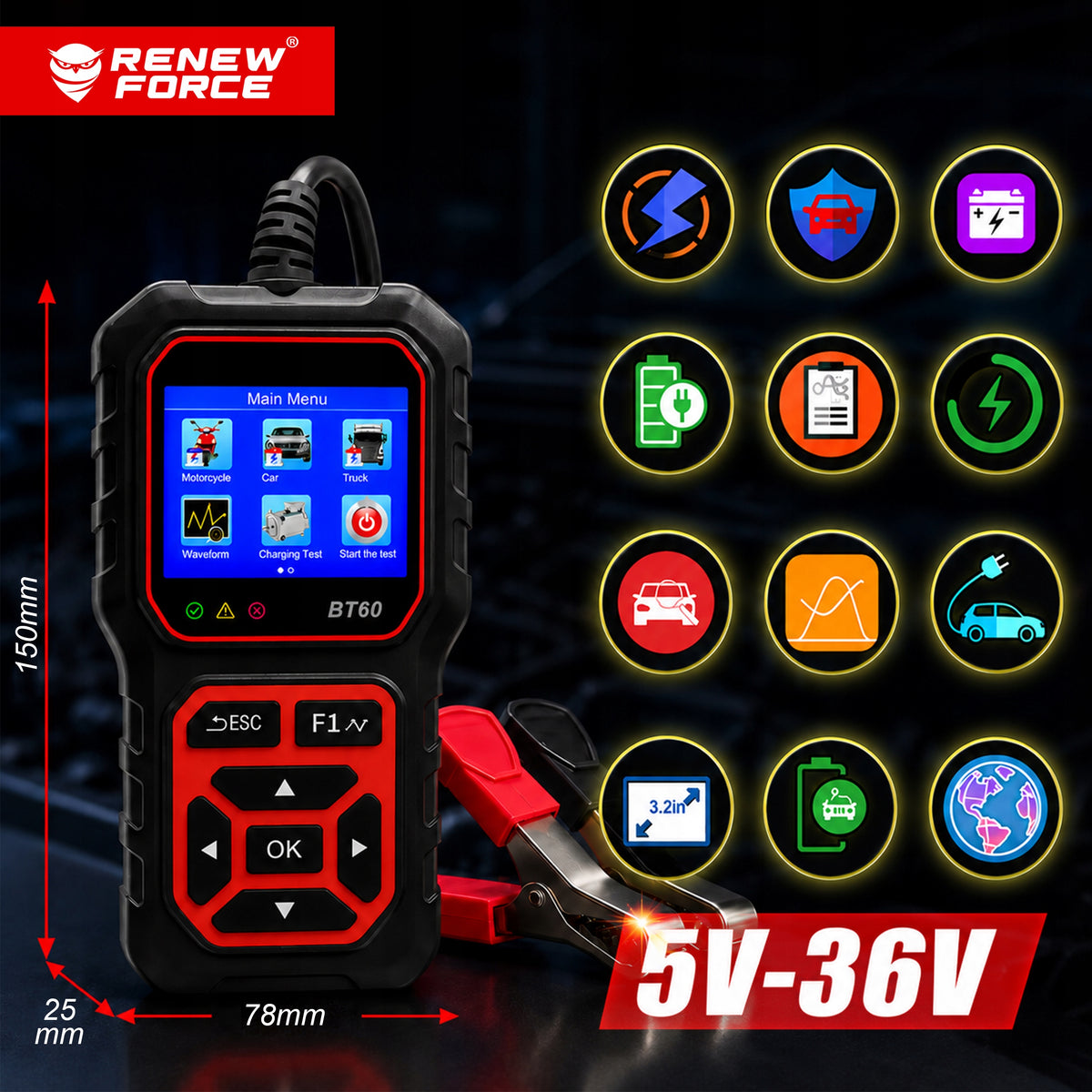 BATTERY TESTER 6V 12V 24V MOTORCYCLE CAR BUS POLISH MENU + CABLE Brand Renew Force