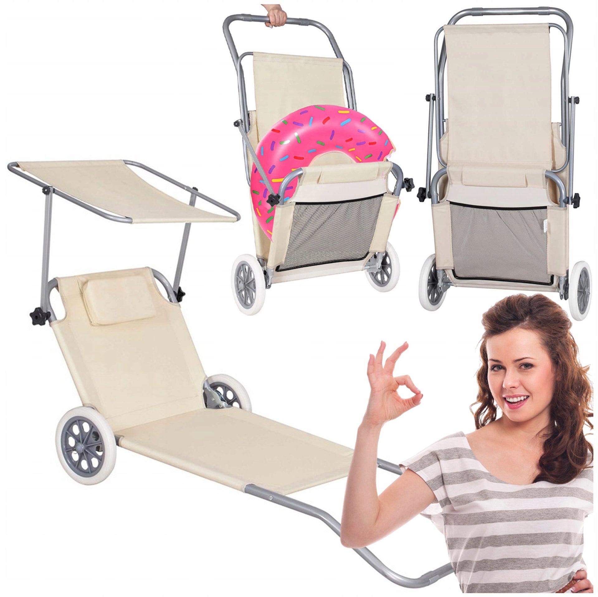 BEACH CHAIR ON WHEELS GARDEN COUCH ADJUSTABLE CANOPY Packaging status original