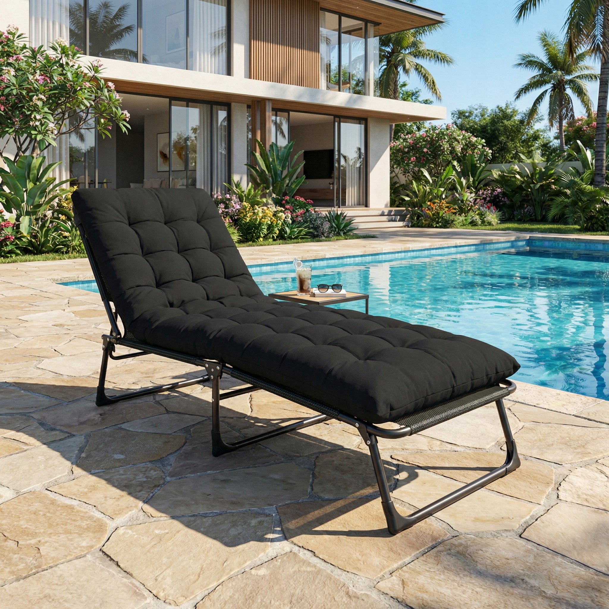 BEACH HIKING SUN LOUNGER ADJUSTABLE BLACK + MATTRESS CUSHION Packaging status original