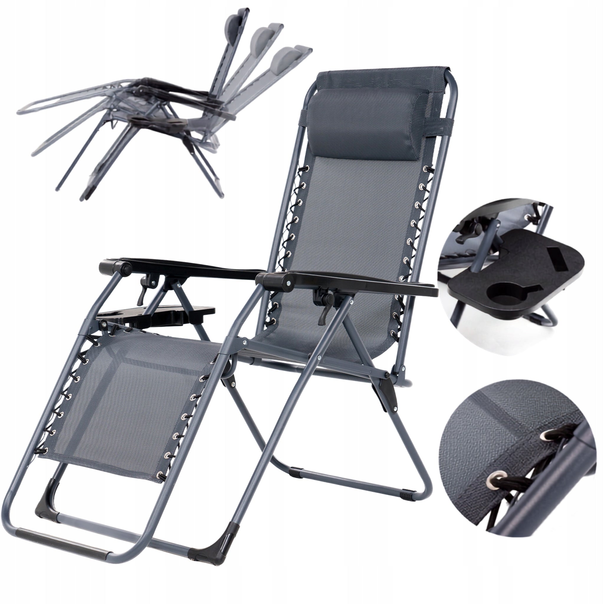 BEACH LOUNGER FOLDING GREY CUSHION DRINK HOLDER ZERO GRAVITY