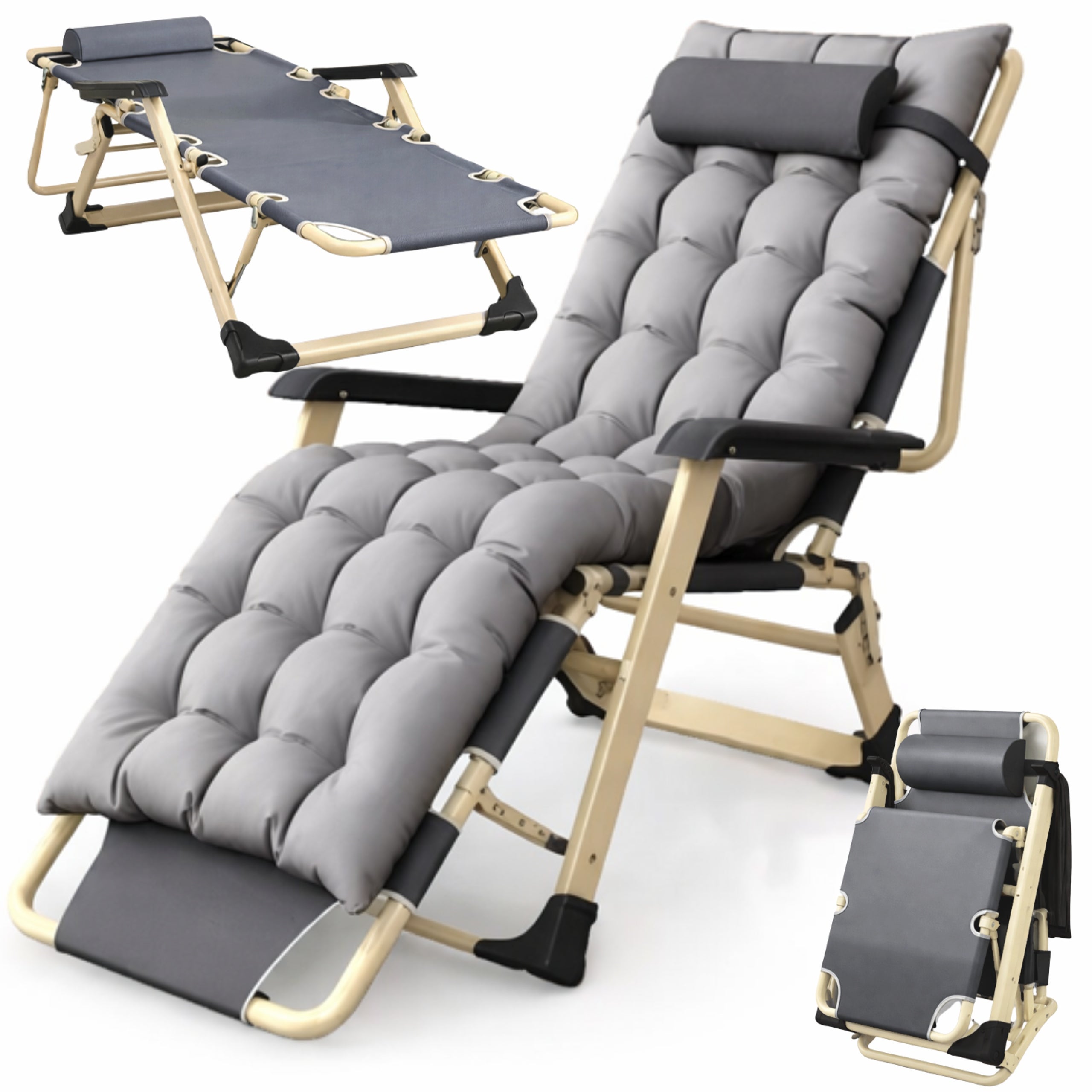 BEACH LOUNGER FOLDING WITH PILLOW COUCH BED ARMCHAIR GREY LARGE Brand Gordon