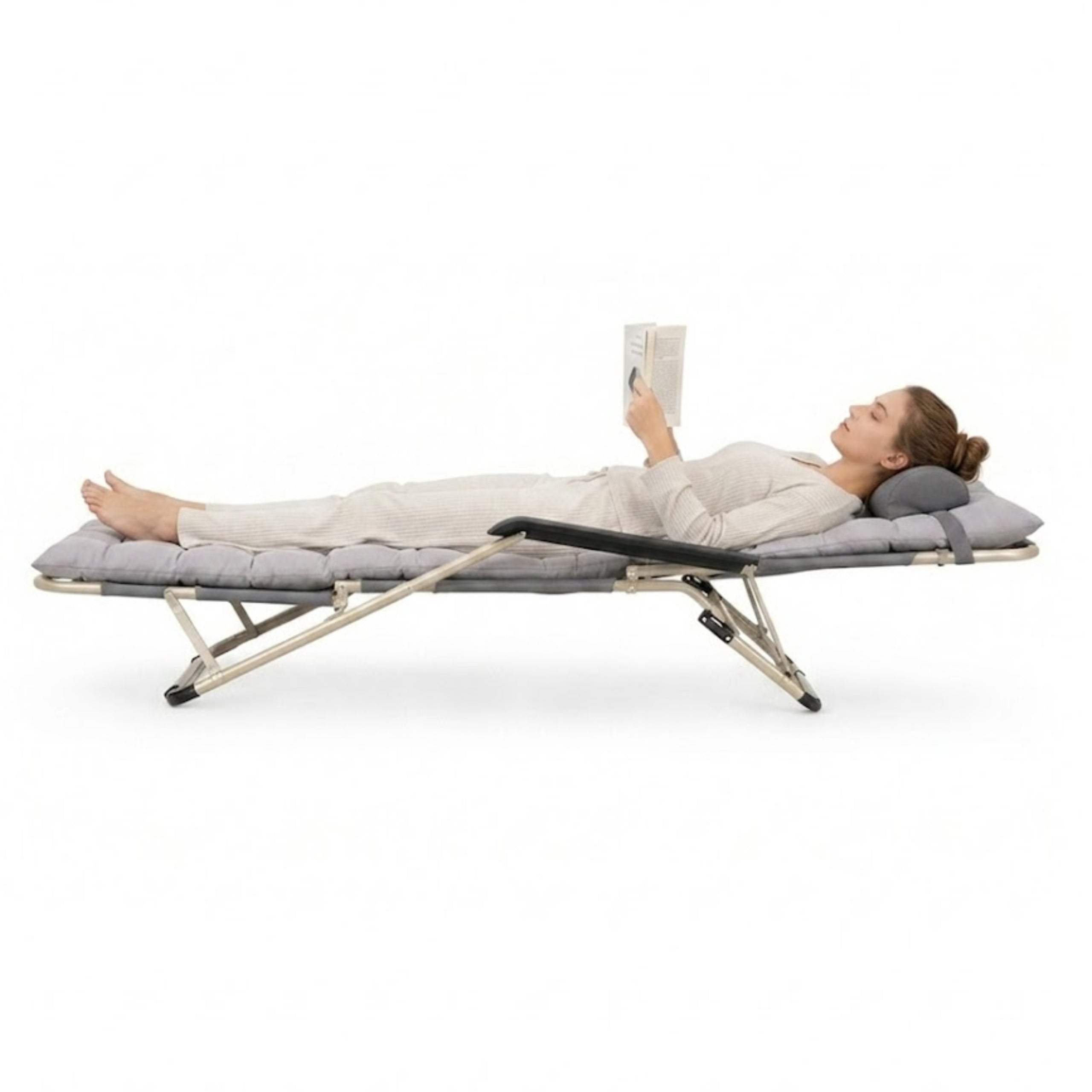 BEACH LOUNGER FOLDING WITH PILLOW COUCH BED ARMCHAIR GREY LARGE Model Leżak składany PREMIUM