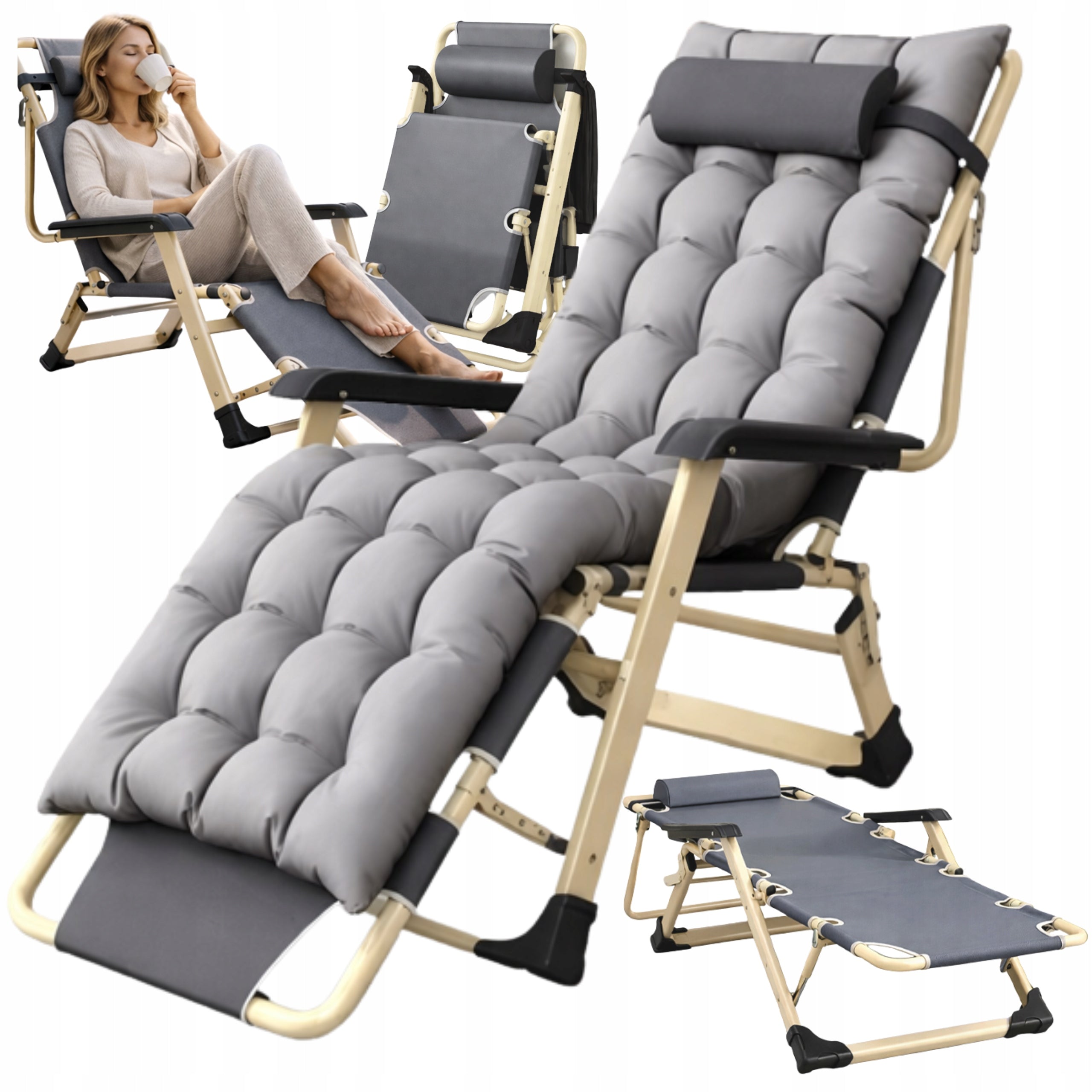 BEACH LOUNGER FOLDING WITH PILLOW COUCH BED ARMCHAIR GREY LARGE