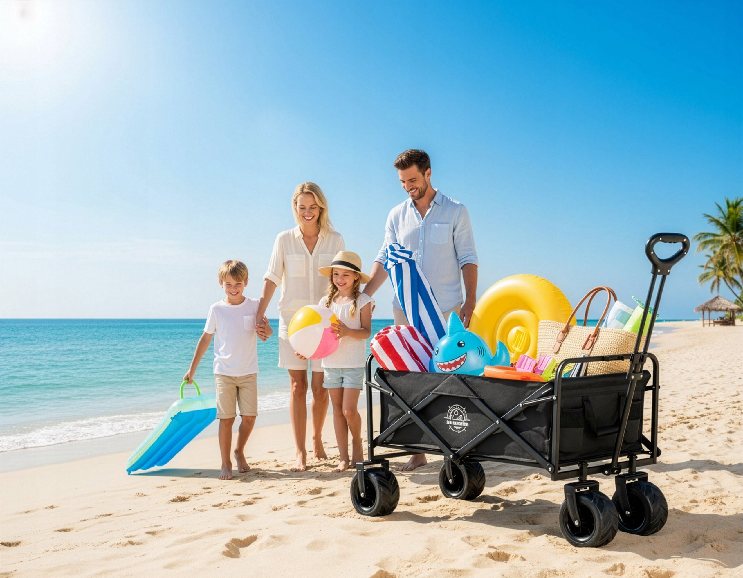 BEACH TROLLEY GARDEN TRANSPORT TOURIST FOLDING TO THE BEACH 4 WHEELS Packaging status original