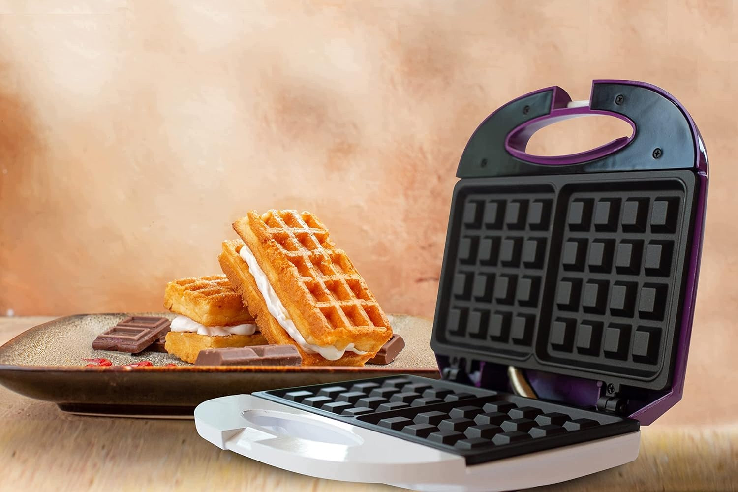 BEHOME WAFFLE MAKER 820W NONSTICK LED WAFFLE WAFFLES WHITE PURPLE Packaging status original