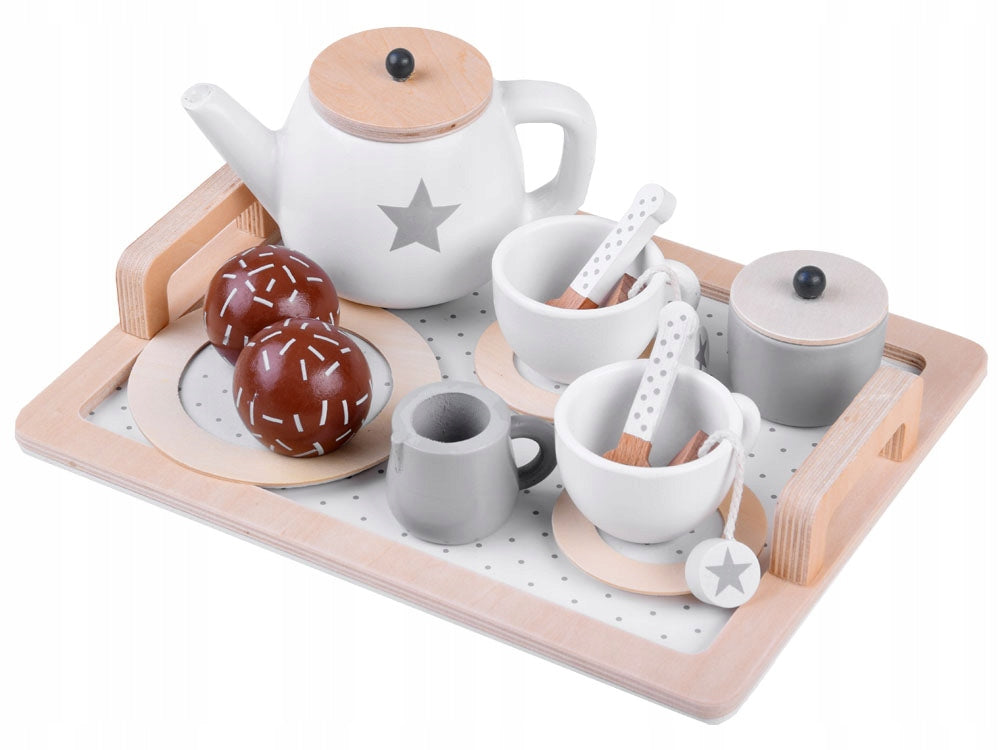 BEIGE Winter Wooden Tea Set with Stars Cups Tray ZA4124 Brand LEAN Toys