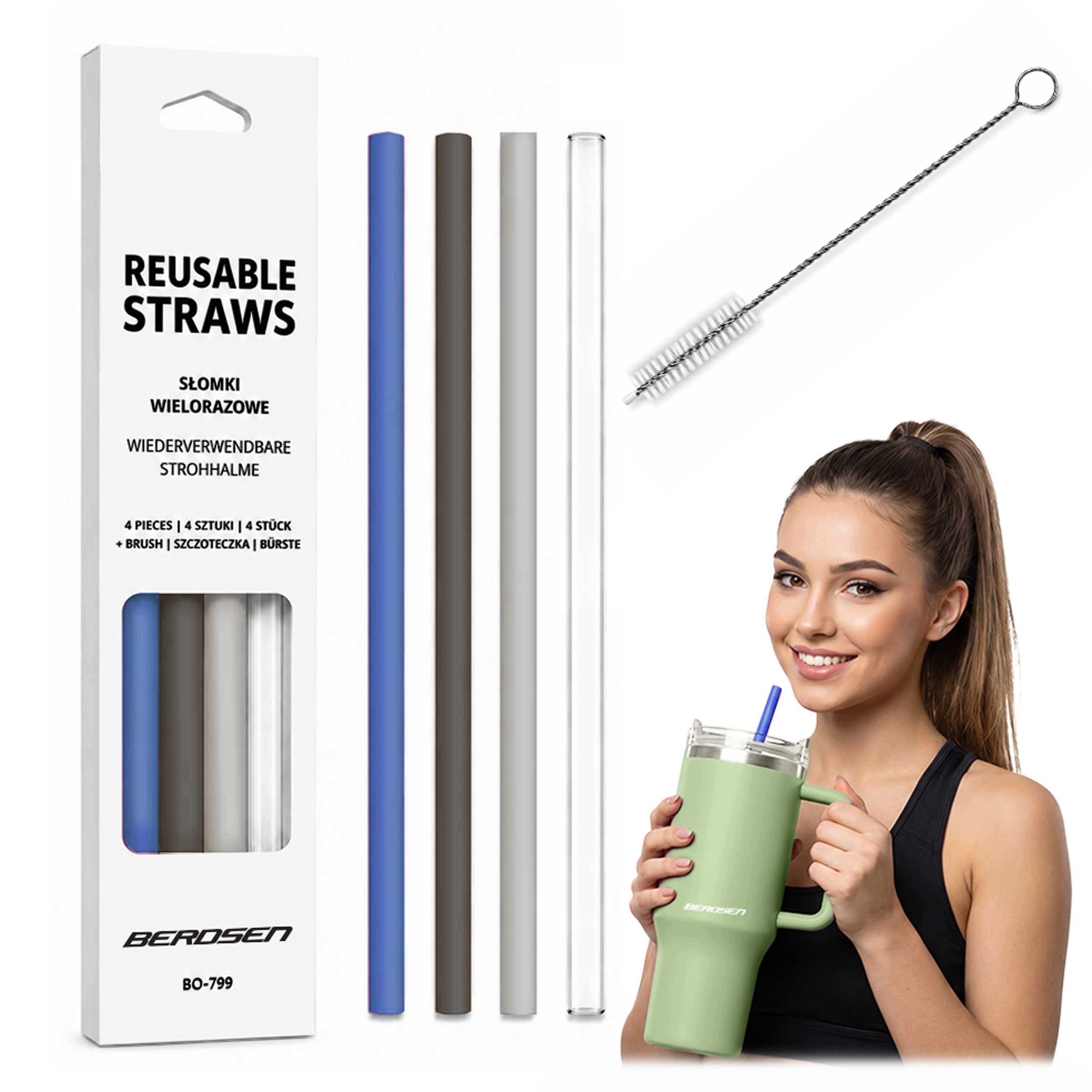 BERDSEN PLASTIC REUSABLE CUP STRAWS SET OF 4 + TOOTHBRUSH