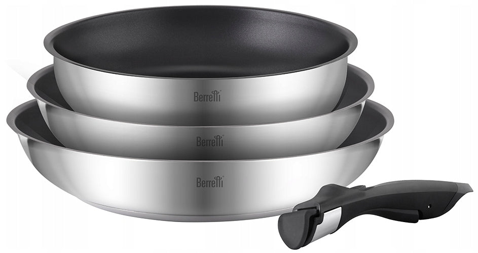 BERRETTI SET OF COMODO STEEL PANS WITH DETACHABLE HANDLE 3el. 20/24/28cm Packaging status original